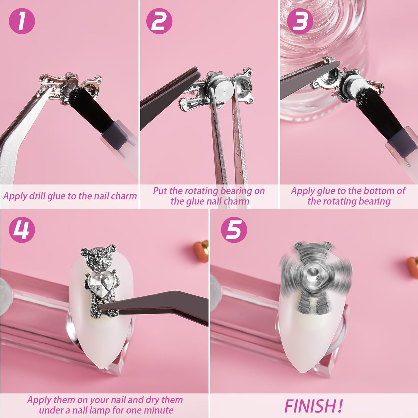 Hand model displaying 3D spinning nail charms on manicure