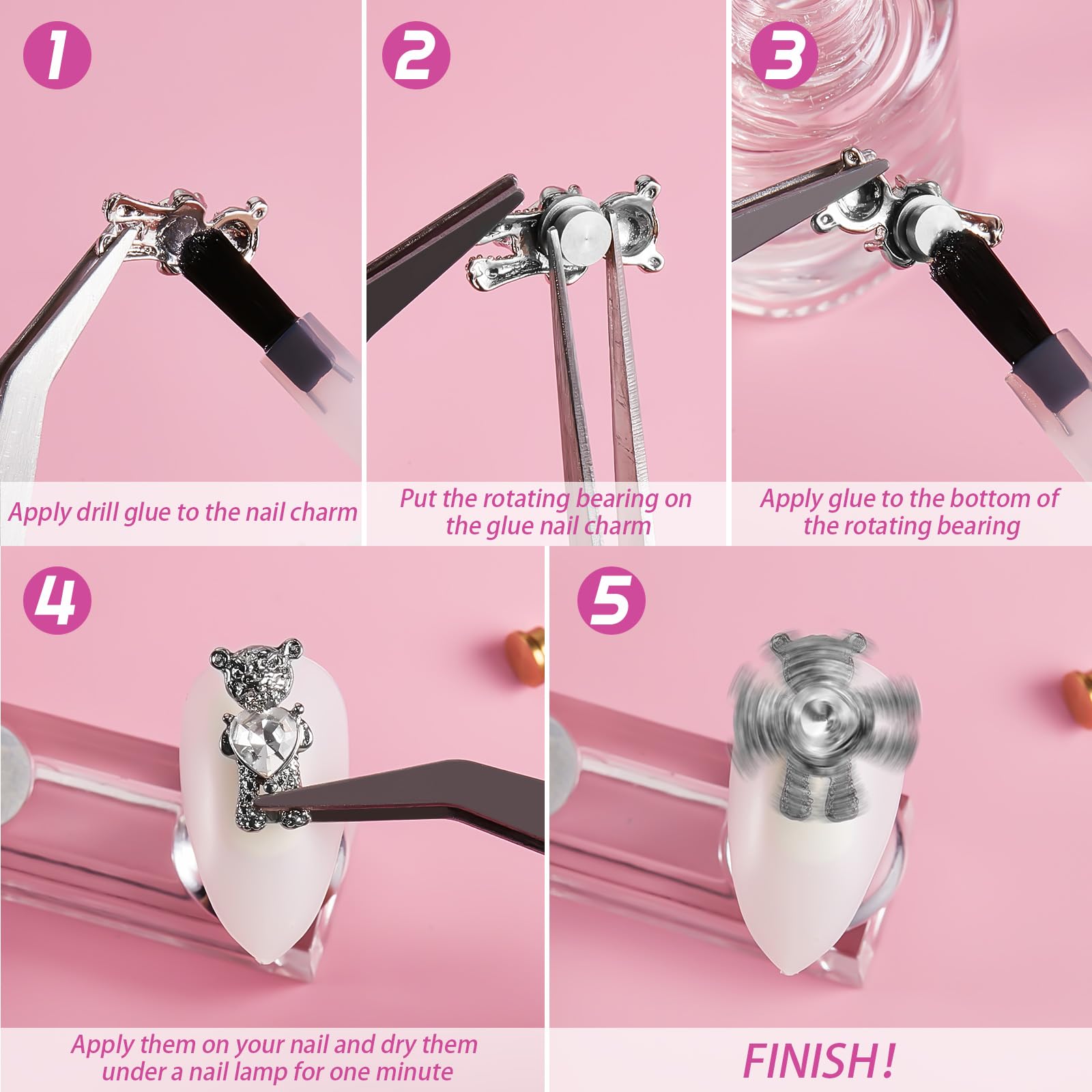 Hand model displaying 3D spinning nail charms on manicure