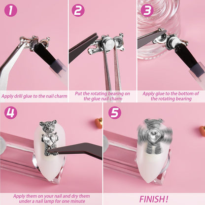 Hand model displaying 3D spinning nail charms on manicure