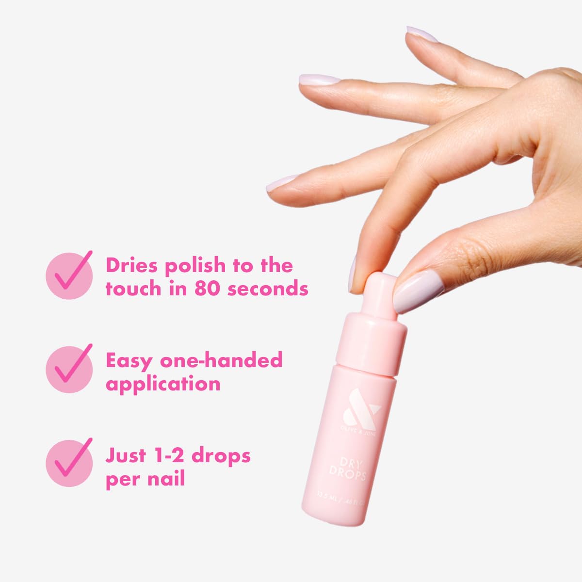 Close up of Olive and June Dry Drops squeeze bottle applicator.