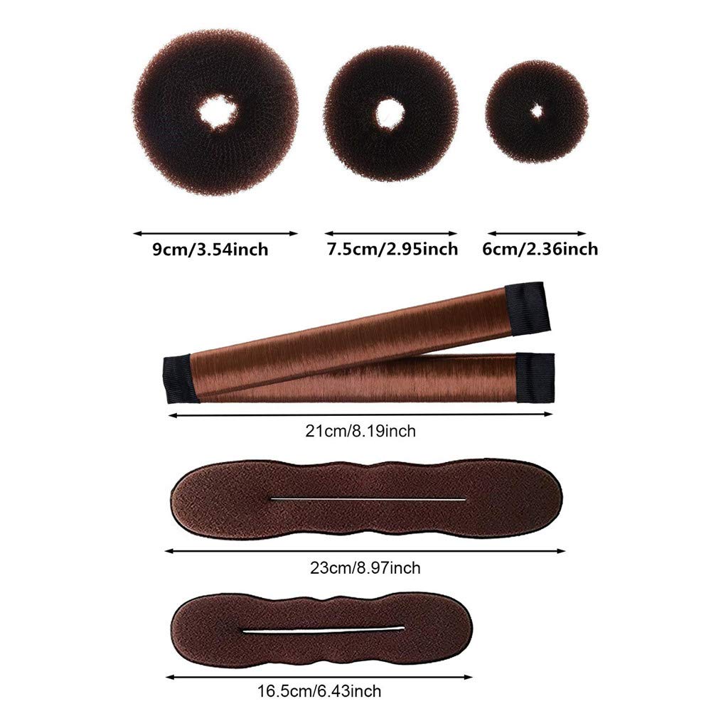 Three different sizes of iFlyMars brown foam donut bun shapers for thick and thin hair volumes