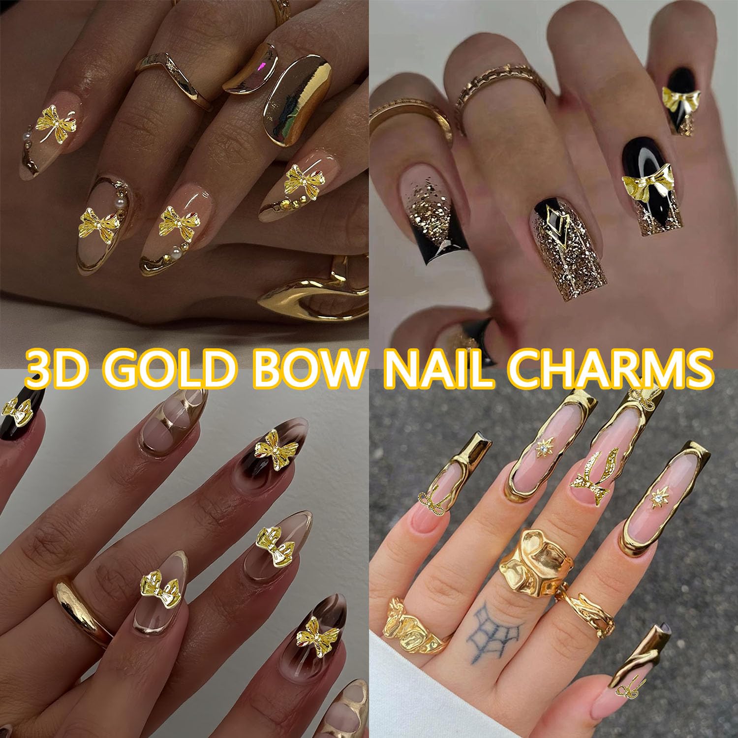 Professional nail art manicure featuring Lerbou gold bows