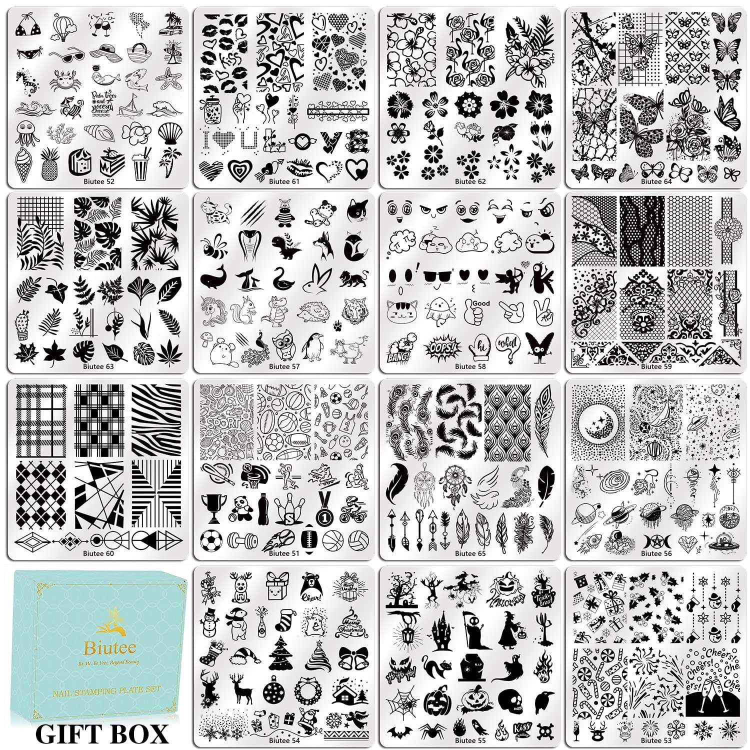 Biutee professional nail art kit displaying intricate lace flower butterfly and star design templates