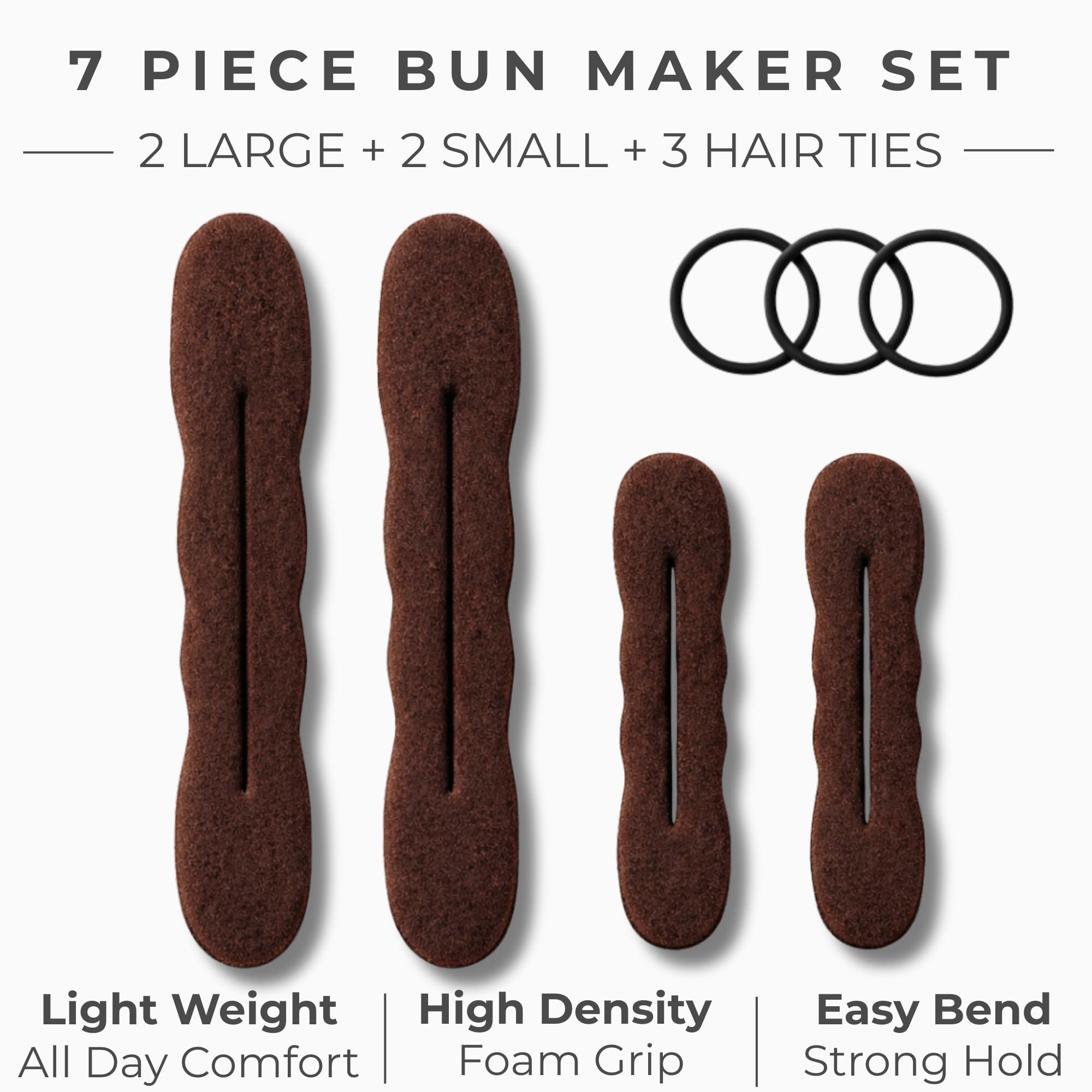 Styla Hair foam bun shaper kit with two large and two small sizes for brunette hair styling.