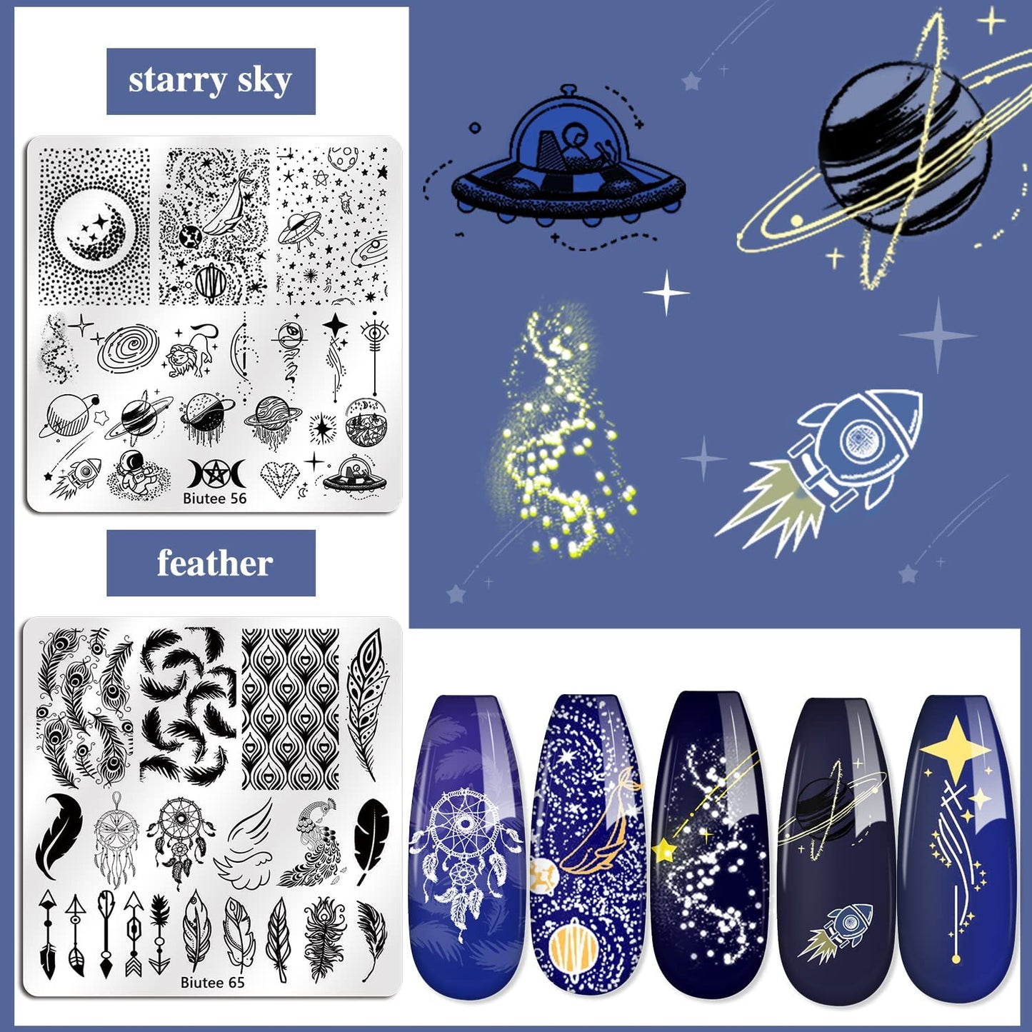 Side view of multiple Biutee holiday and sports themed nail image plates neatly arranged