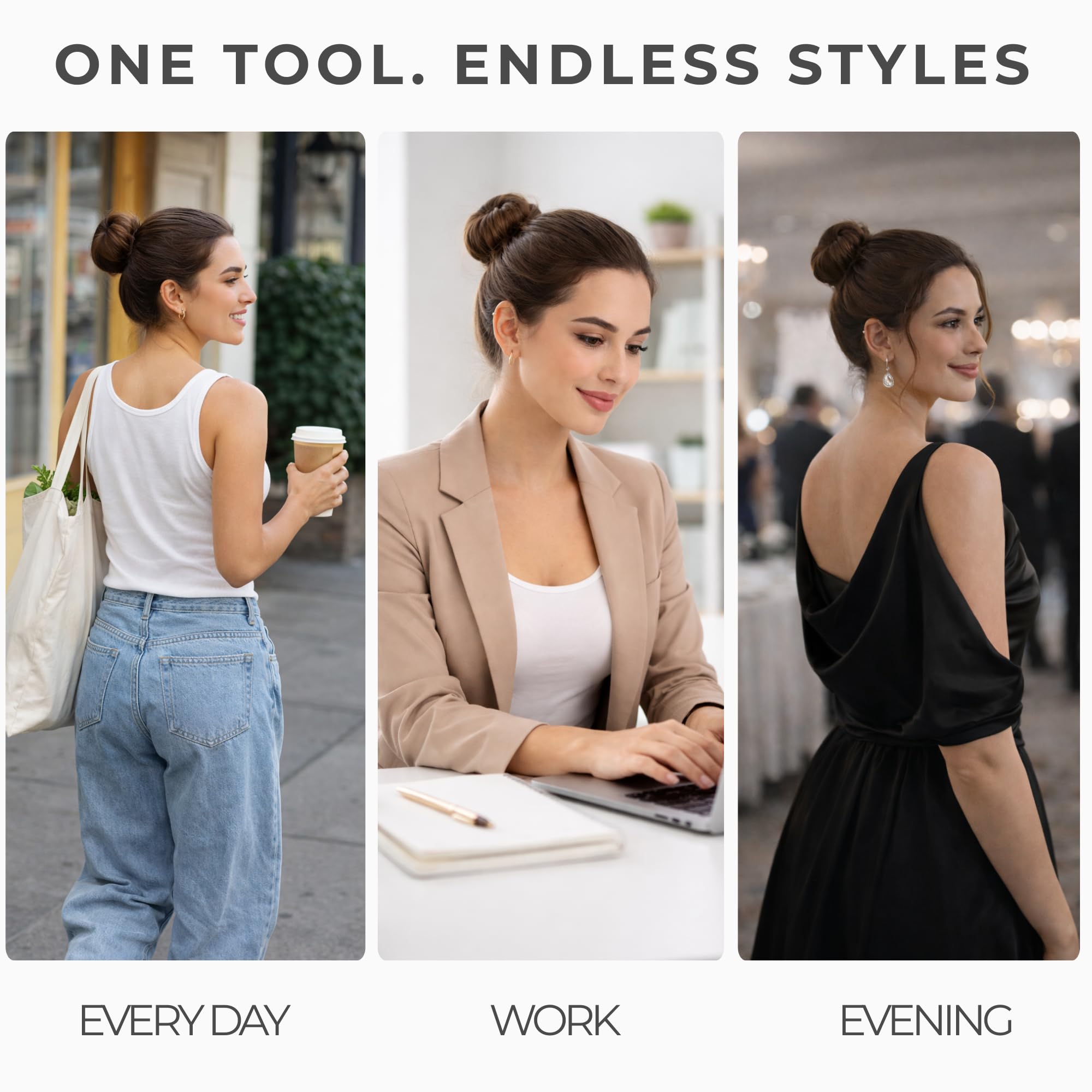 Brunette hair tool kit displaying the flexibility of the sponge bun roller for effortless updos.
