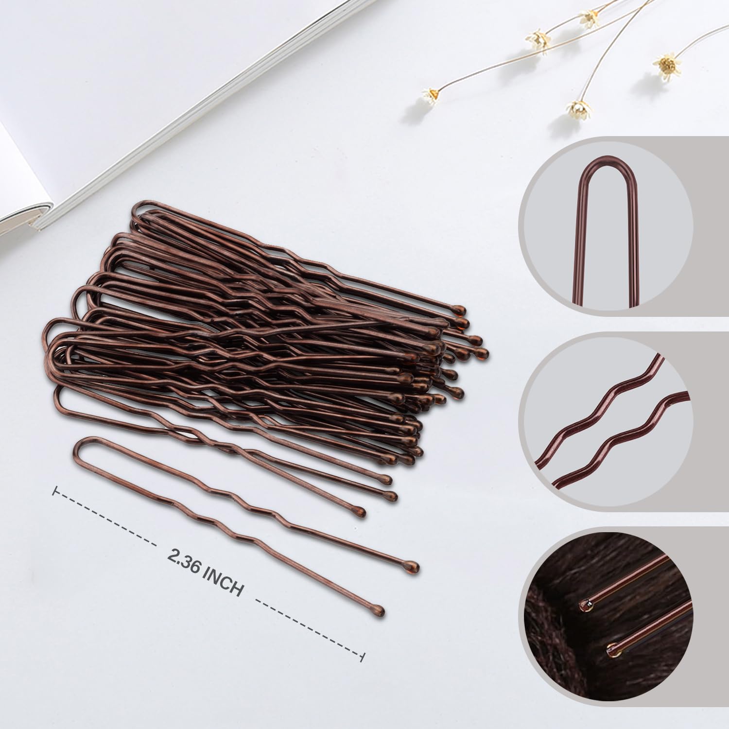 Close up view of brown invisible hairnets for dance buns with premium metal pins