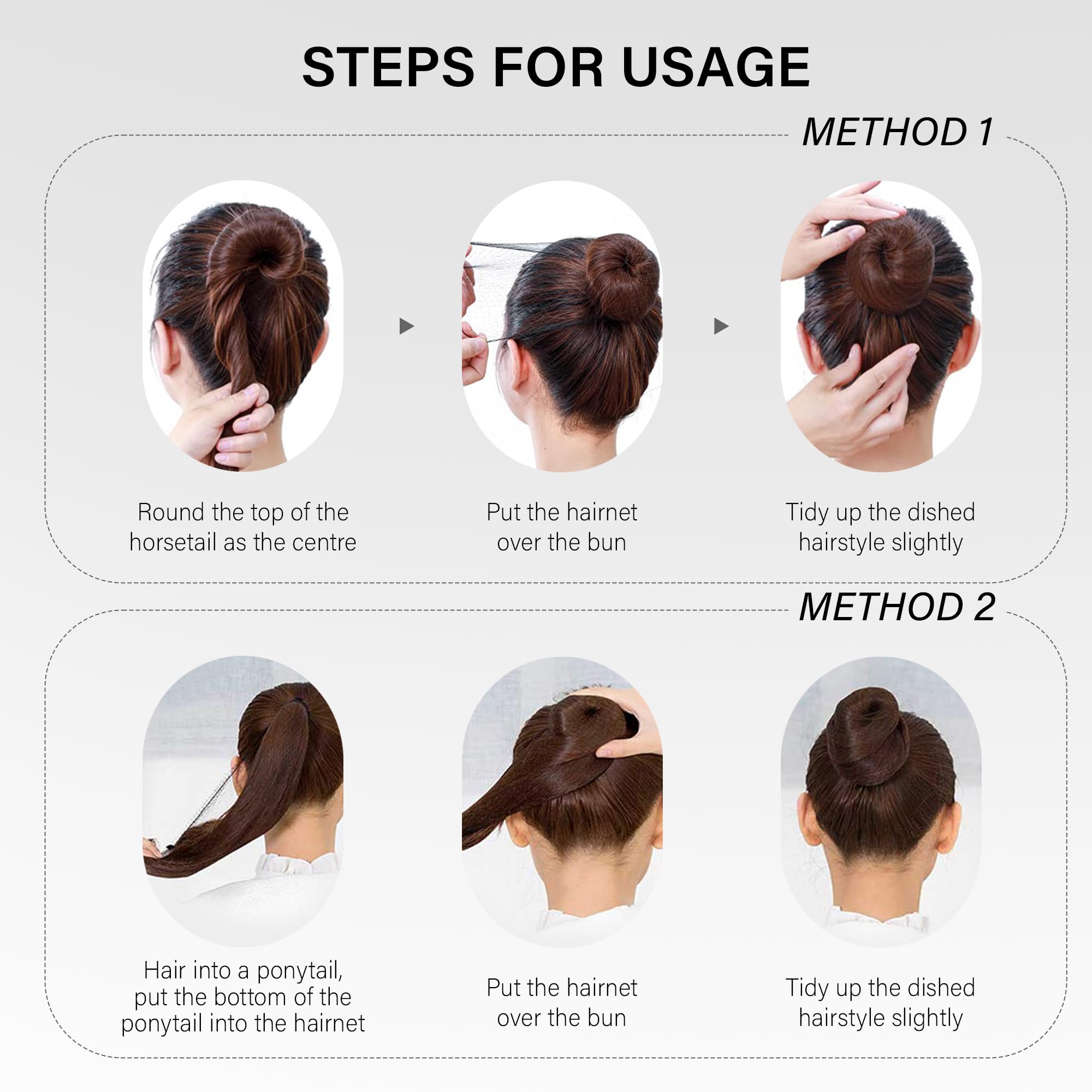 Brunette hair styled into a perfect ballerina bun using MaopaoBeauty invisible net