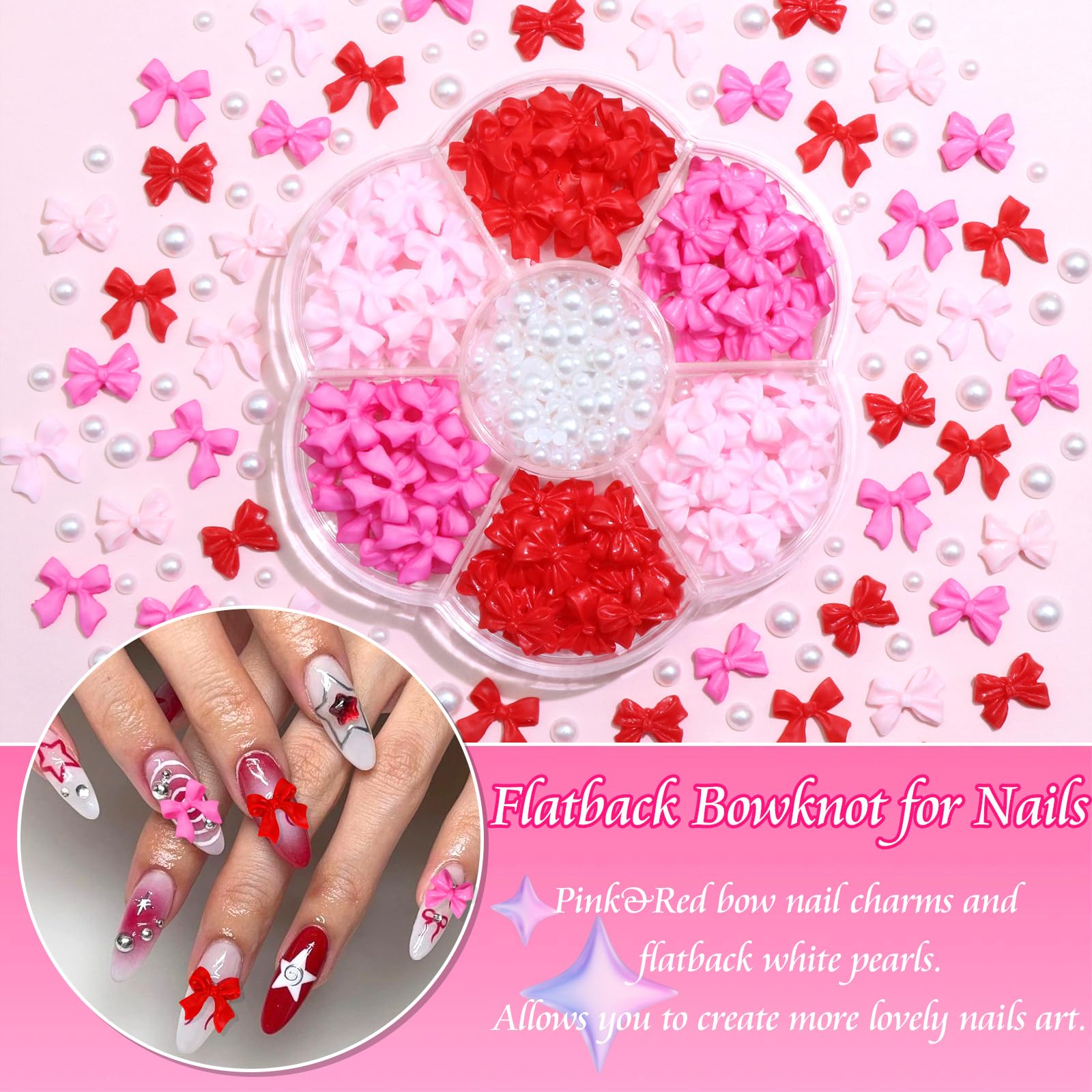 Close up of Rodaky pink and red nail bows