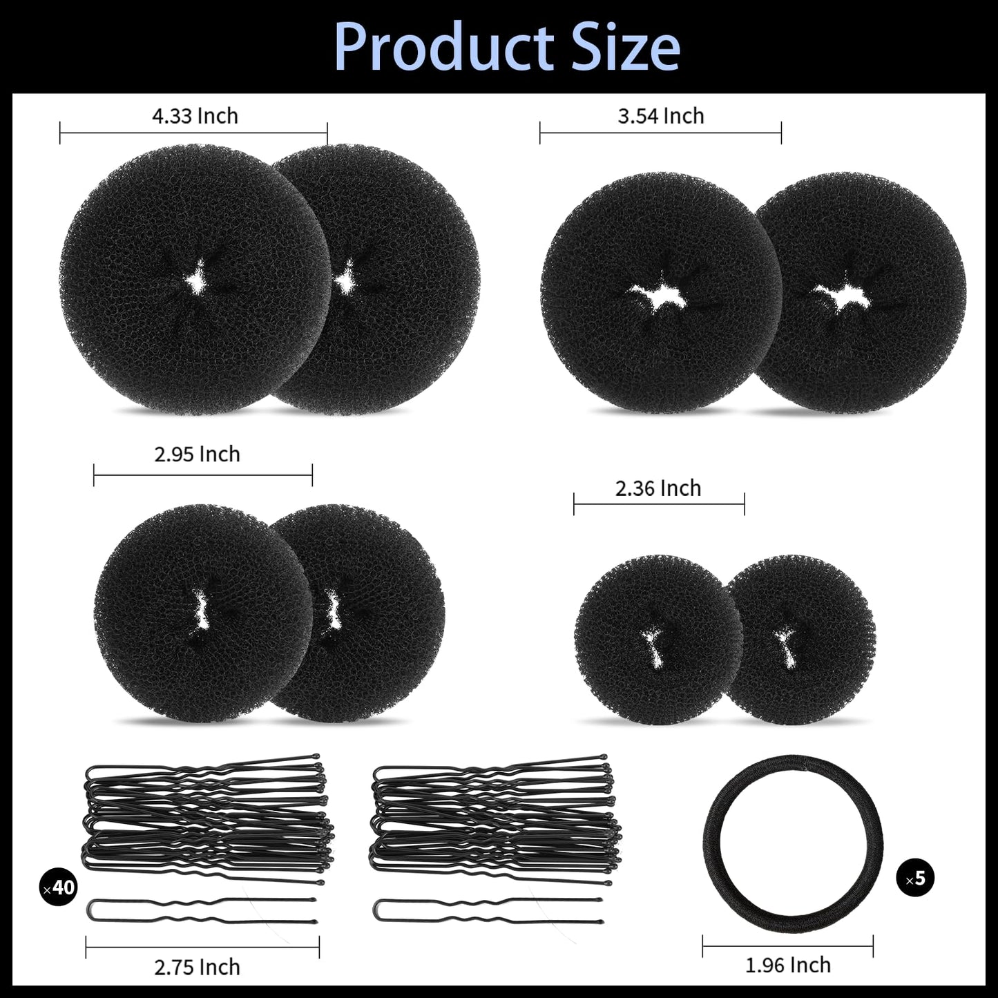 FANDAMEI donut hair bun accessories kit featuring five elastic bands and forty brown and gold bobby pins.