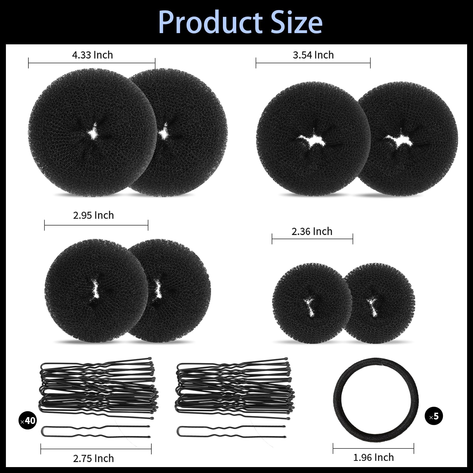FANDAMEI donut hair bun accessories kit featuring five elastic bands and forty brown and gold bobby pins.