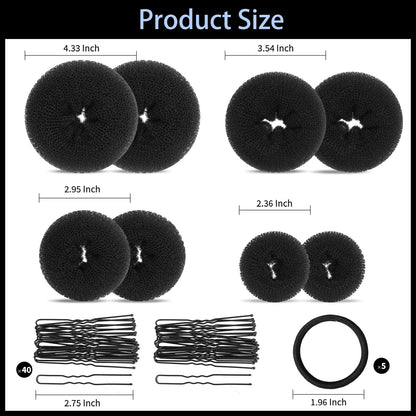 FANDAMEI donut hair bun accessories kit featuring five elastic bands and forty brown and gold bobby pins.