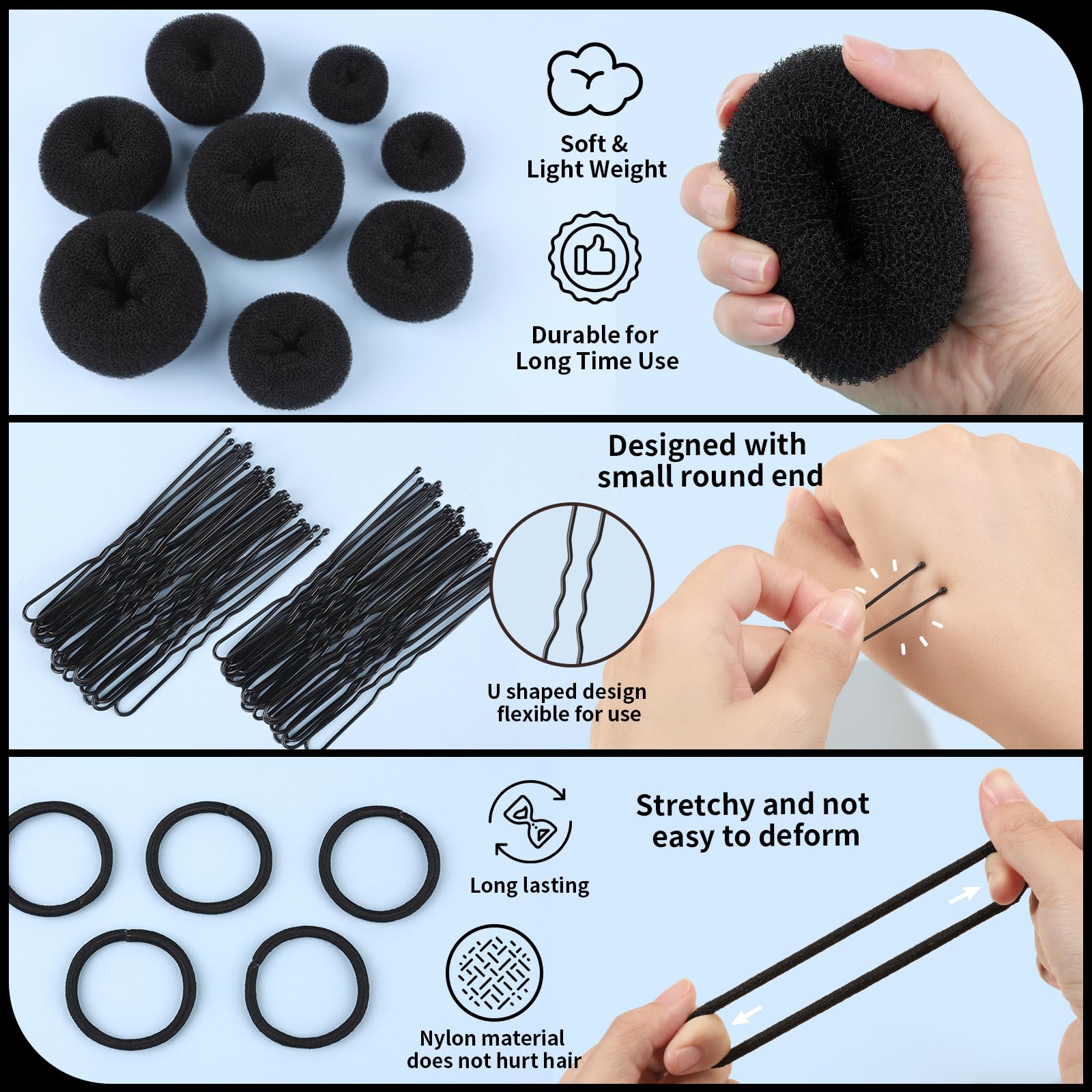 An overhead display of four different sizes of FANDAMEI sponge donut rings for creating elegant updos.
