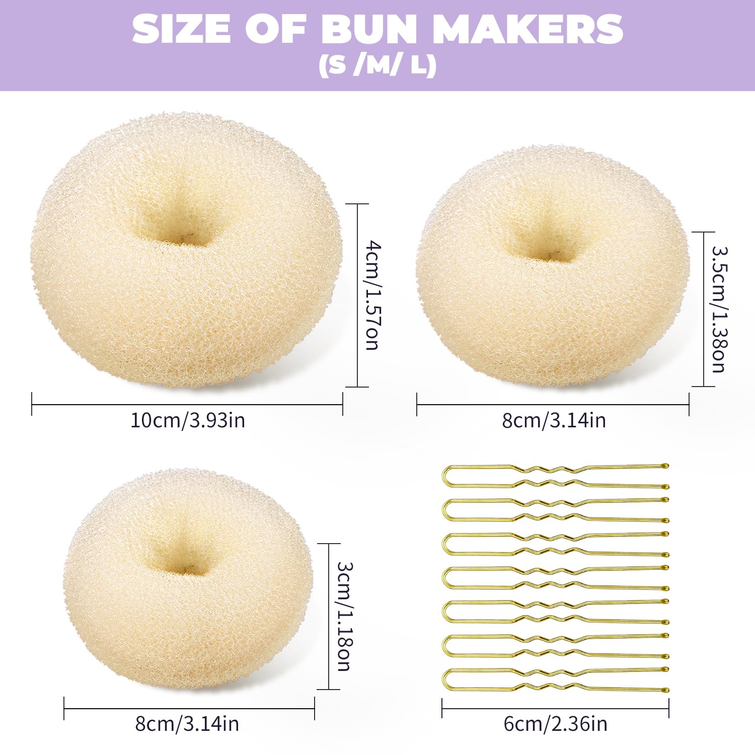 TsMADDTs hair bun styler set with small medium and large golden donut rings.