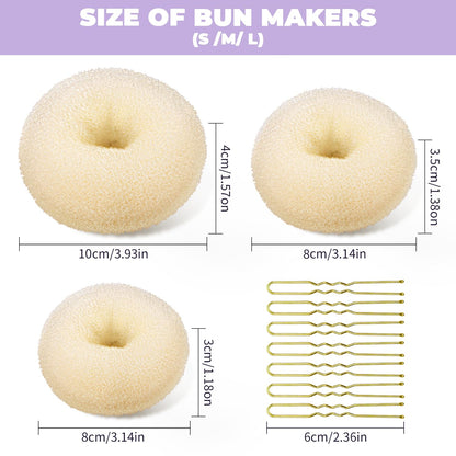TsMADDTs hair bun styler set with small medium and large golden donut rings.