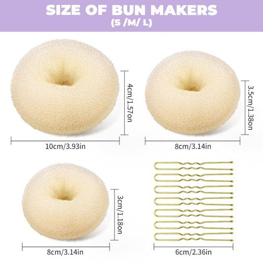 TsMADDTs hair bun styler set with small medium and large golden donut rings.