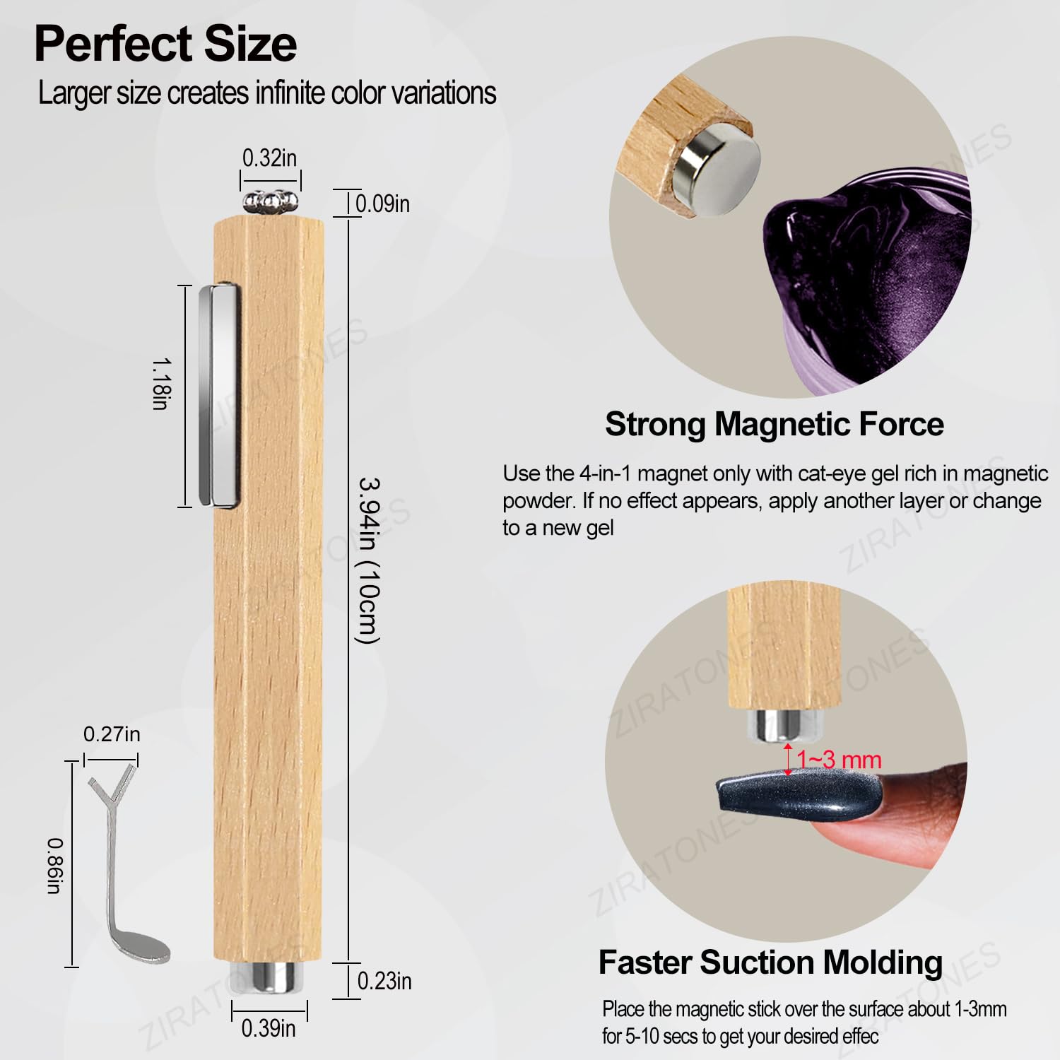 Detailed view of wooden handled Ziratones cat-eye nail magnet