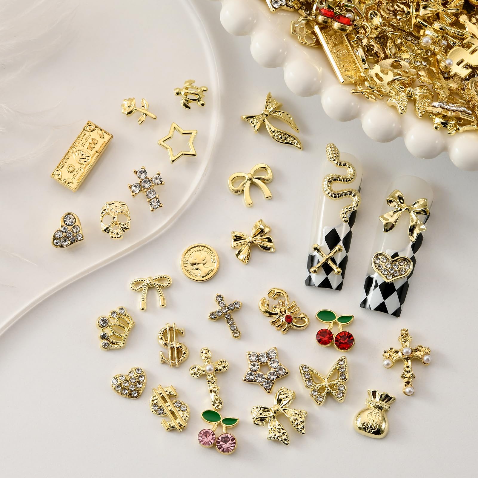 Close up of Opmadm metal gold bow nail charms