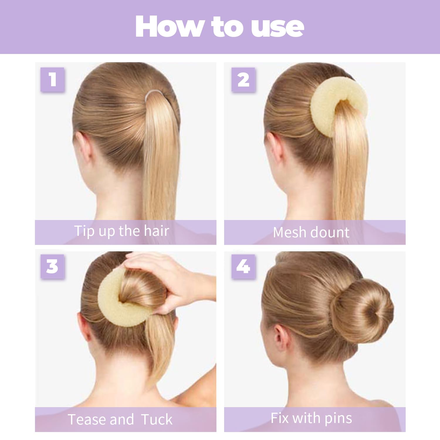 Blonde donut hair shaper kit featuring twenty pieces of matching protective bobby pins.
