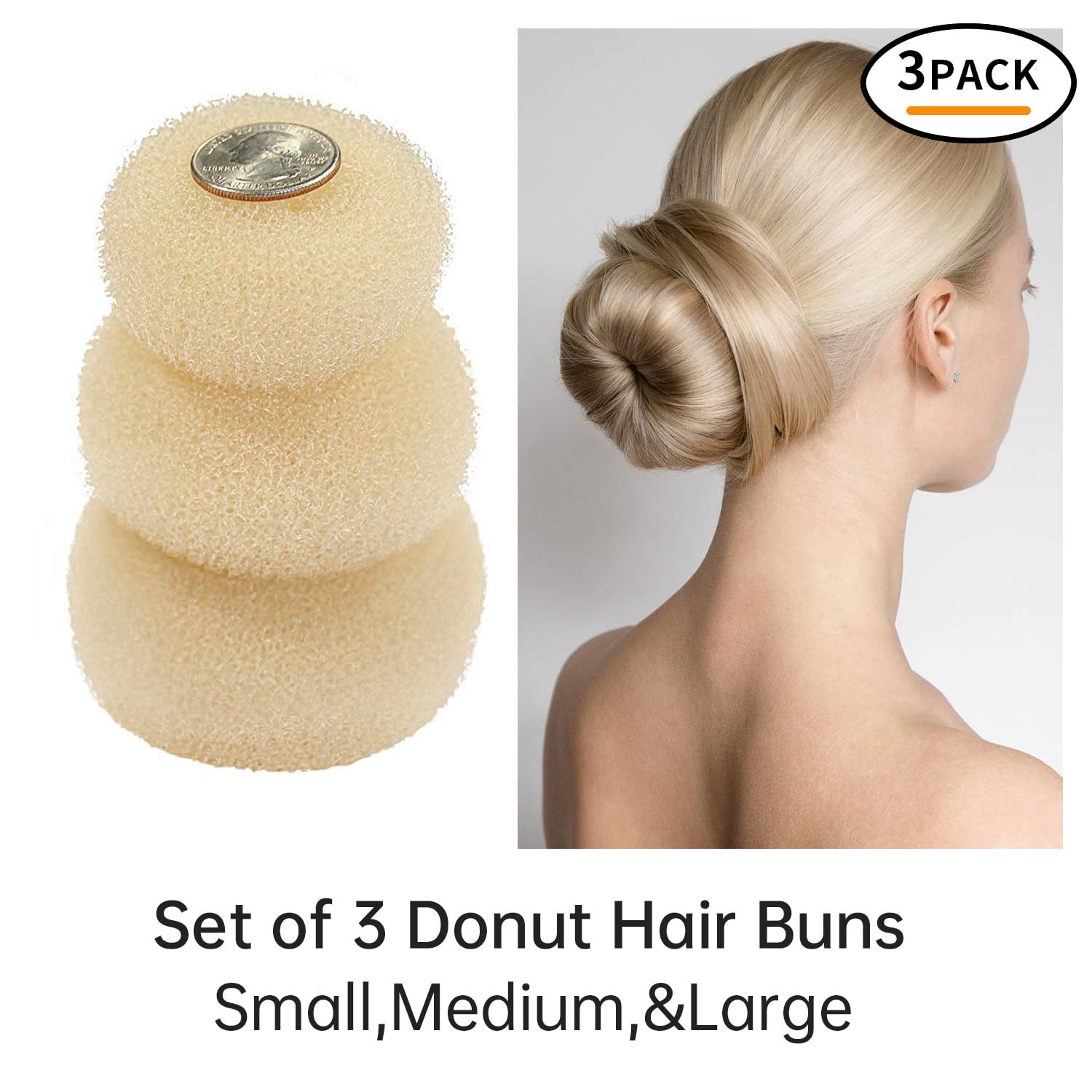 Three pieces of beige mesh chignon makers for ballet hair styling close up.