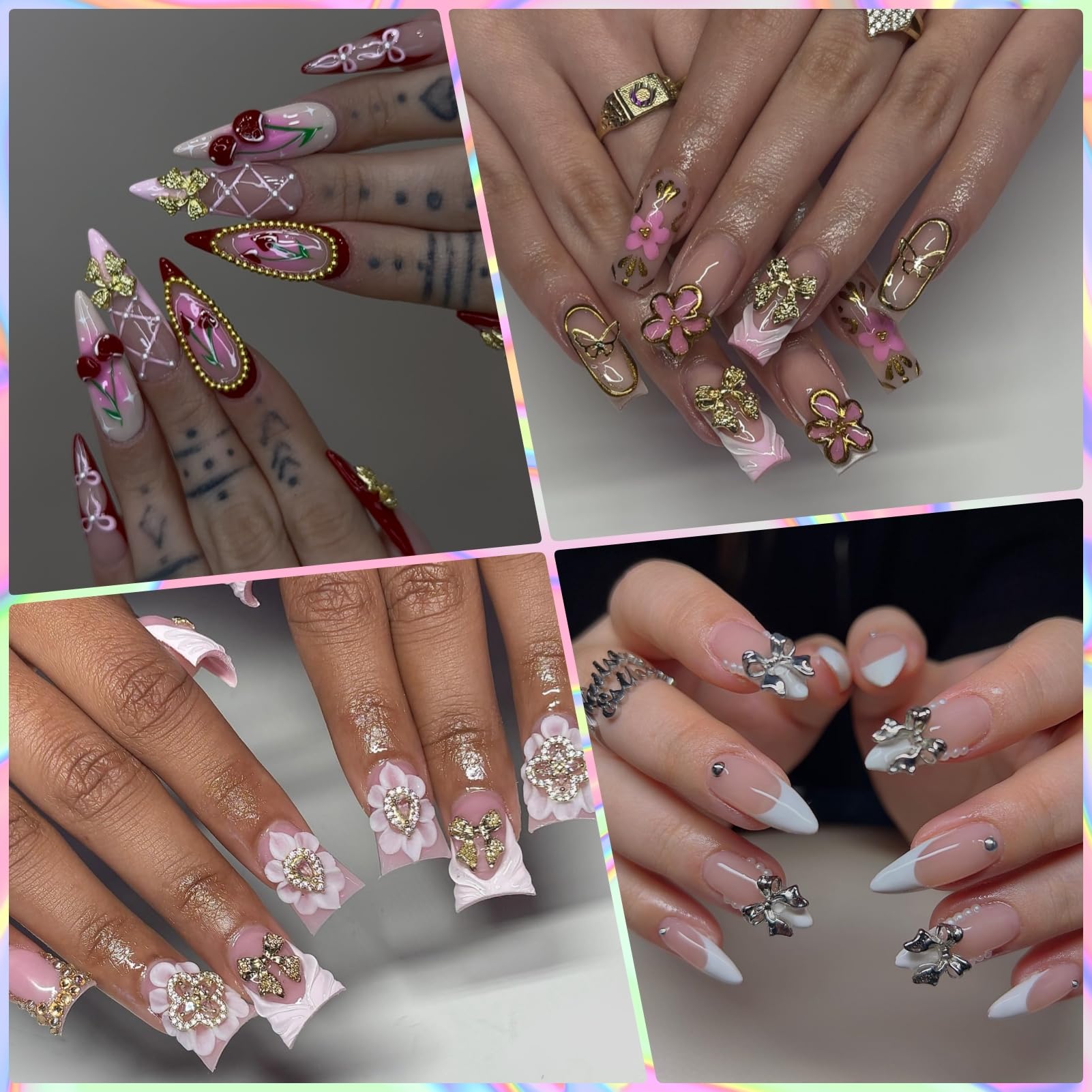 Opmadm 3d gold nail charms on a manicured nail