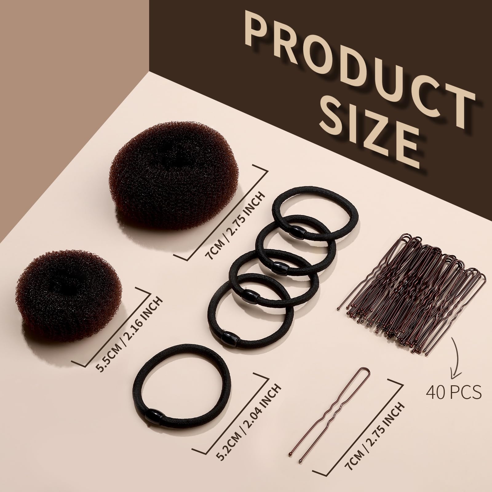 Fandamei small and extra small donut bun shapers layout with matching elastic bands and bobby pins