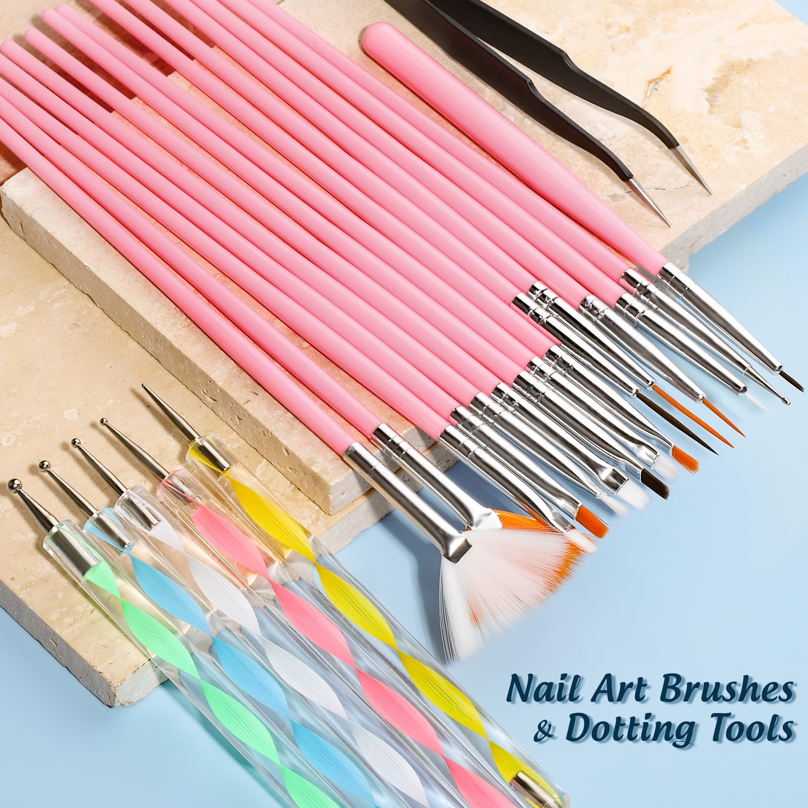 Fifteen pink professional nail art brushes displayed neatly by size and bristle shape