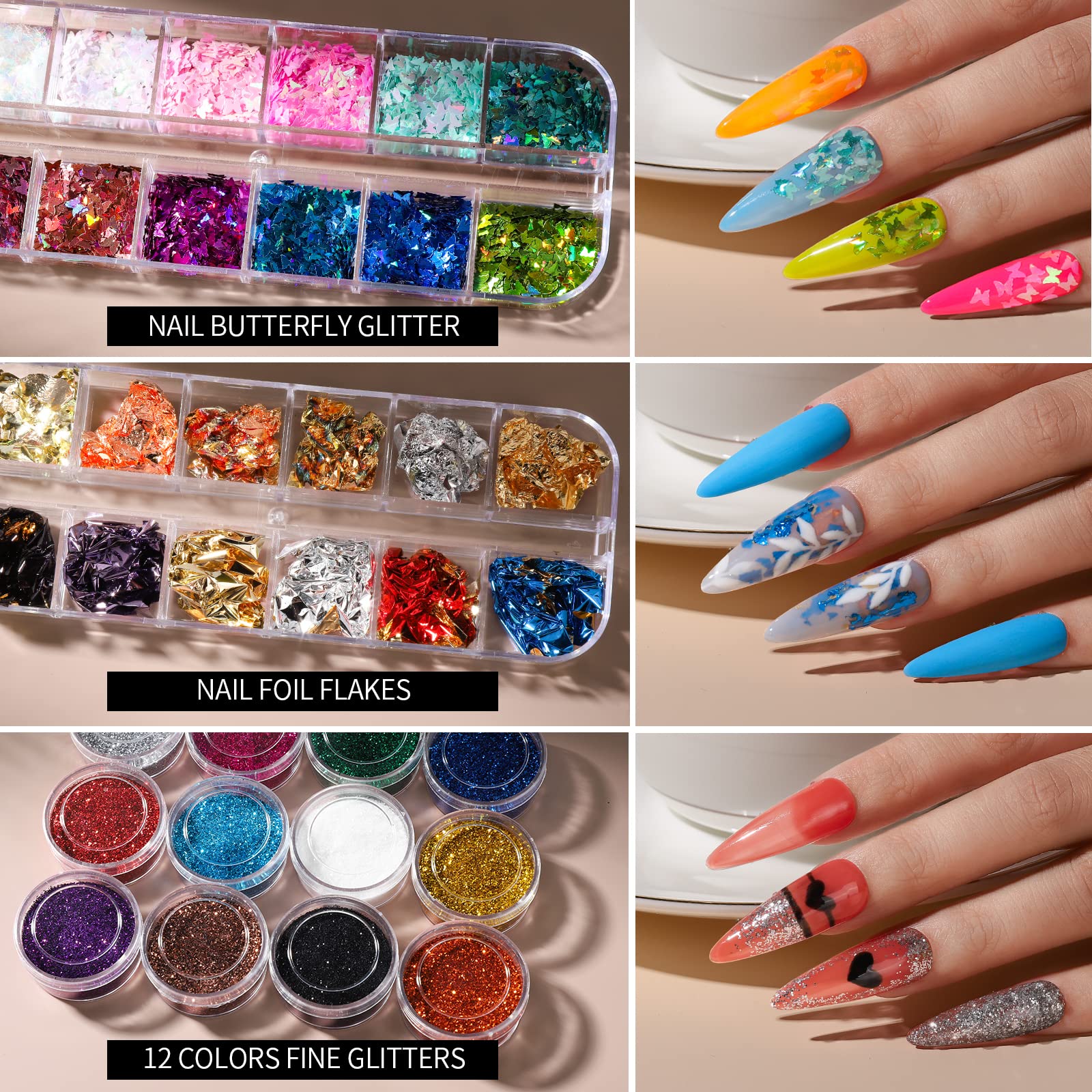 FANDAMEI holographic 3D butterfly and heart shape nail sequins