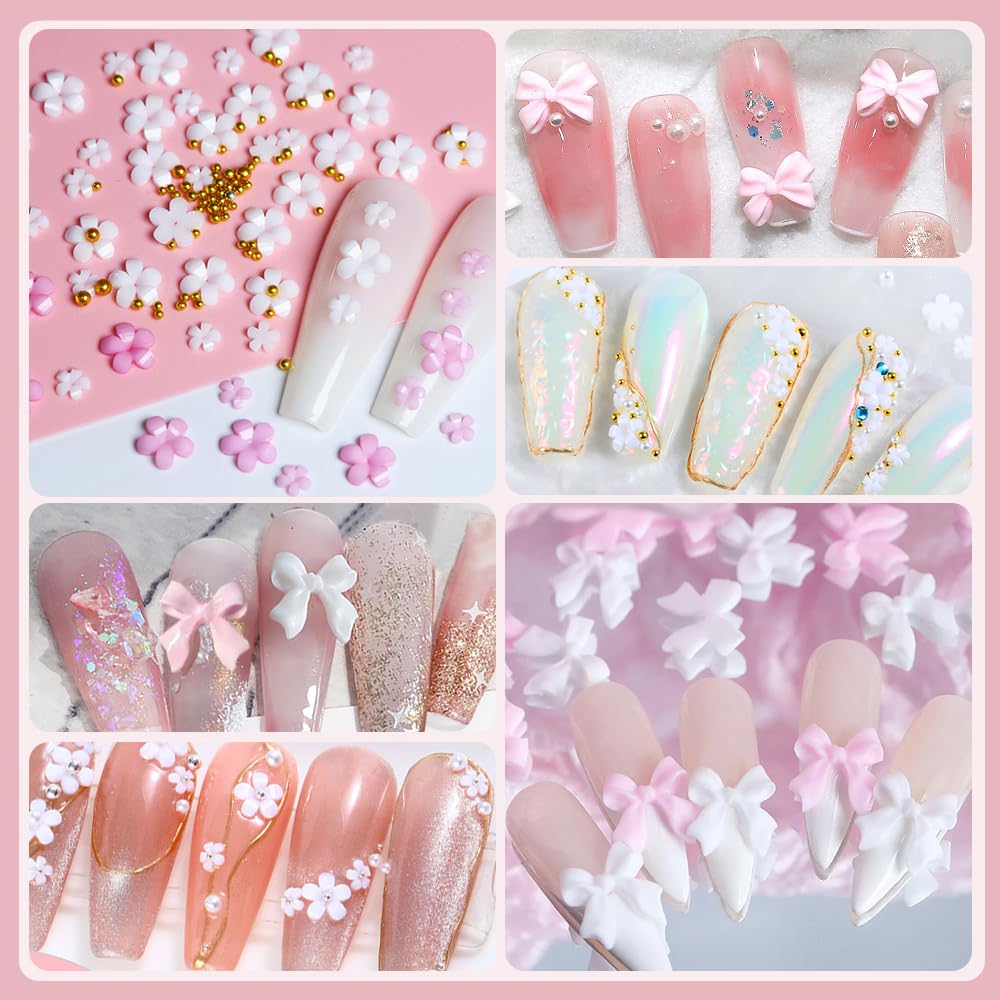 Model showing a finished manicure featuring pink acrylic flowers and cute bow nail art designs.