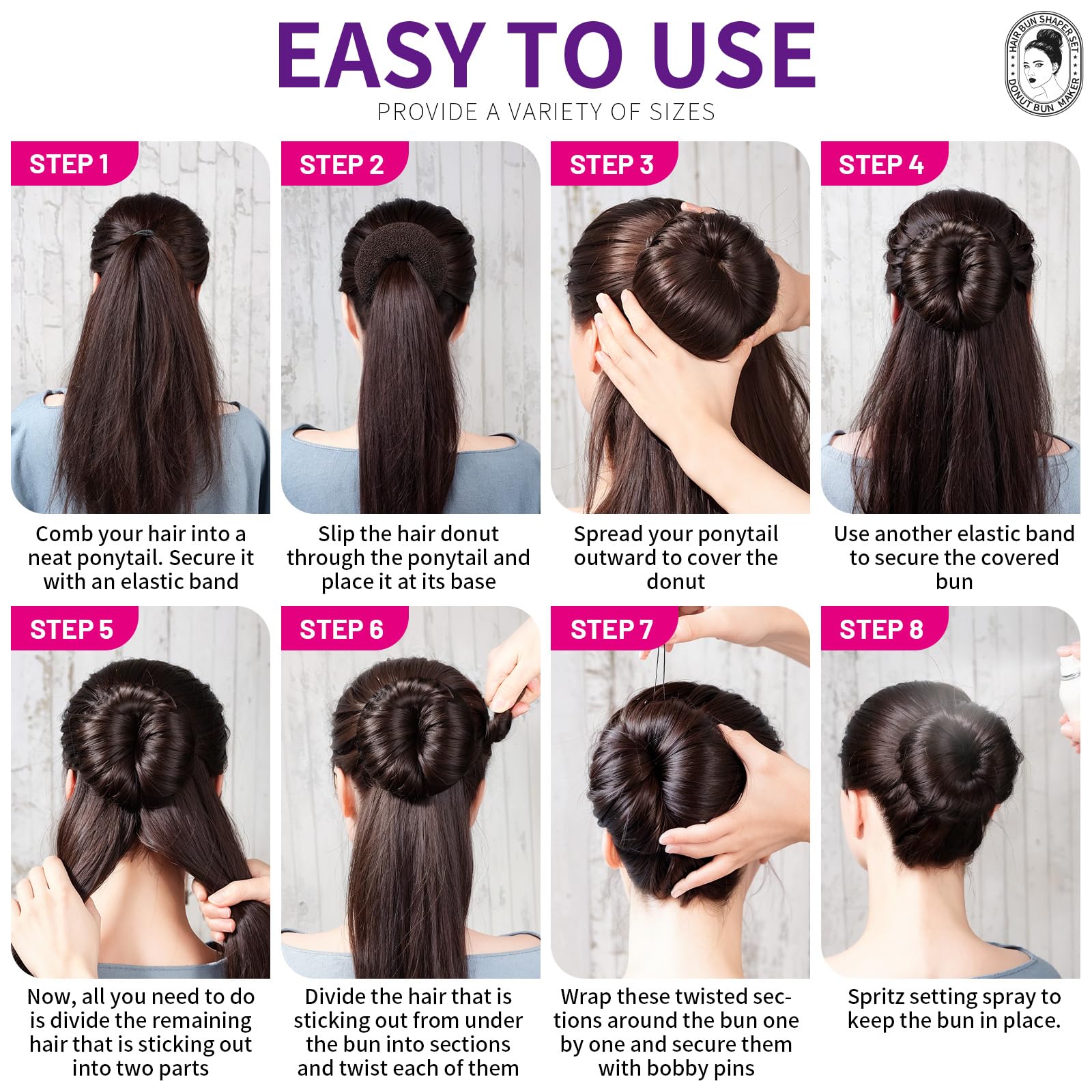 Complete hair updo kit showing four different sizes of brown mesh bun shapers