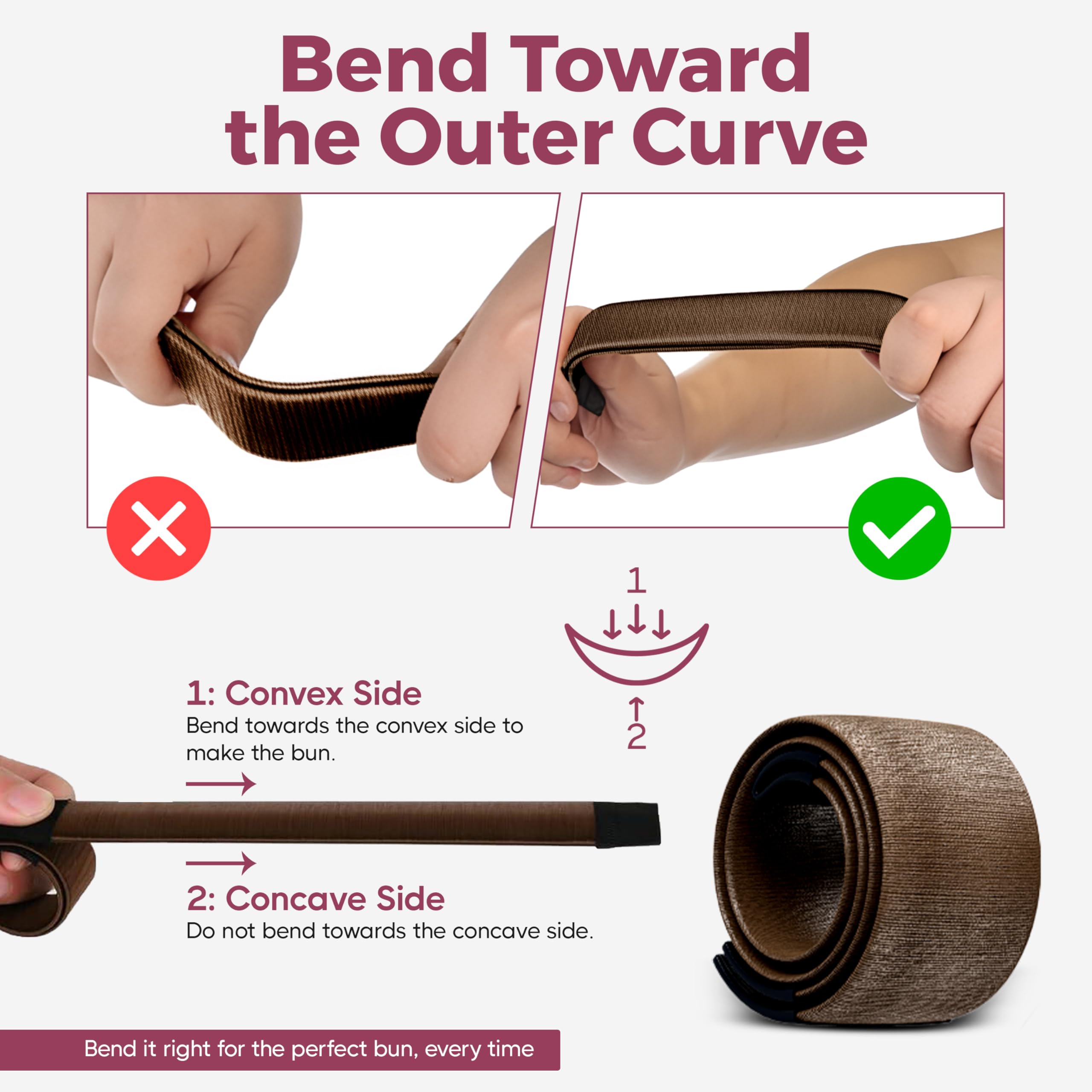 Step by step demonstration of the french twist hair fold wrap snap tool being rolled into a bun