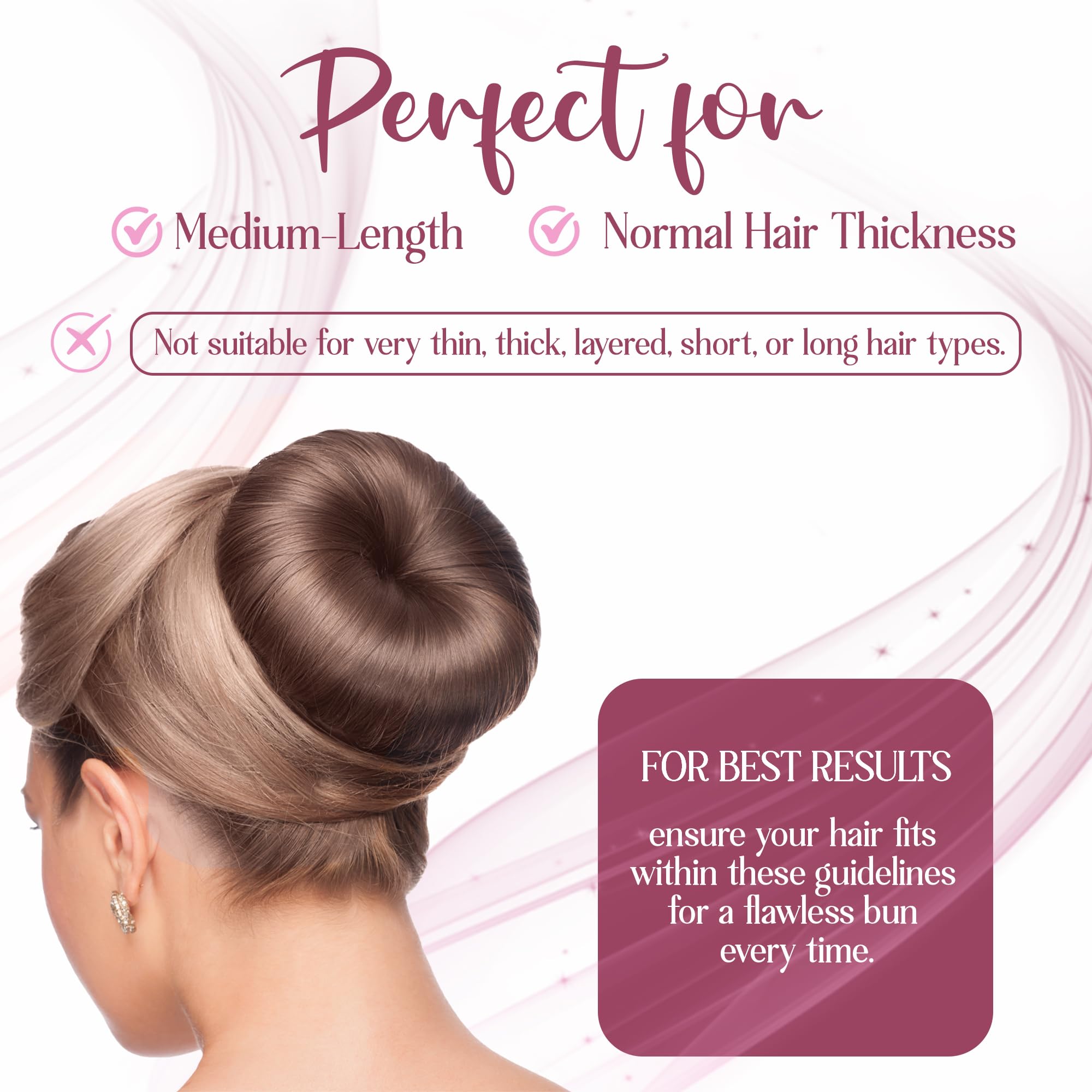 Back view of a woman showcasing a completed elegant ballet bun using the brown hair shaper
