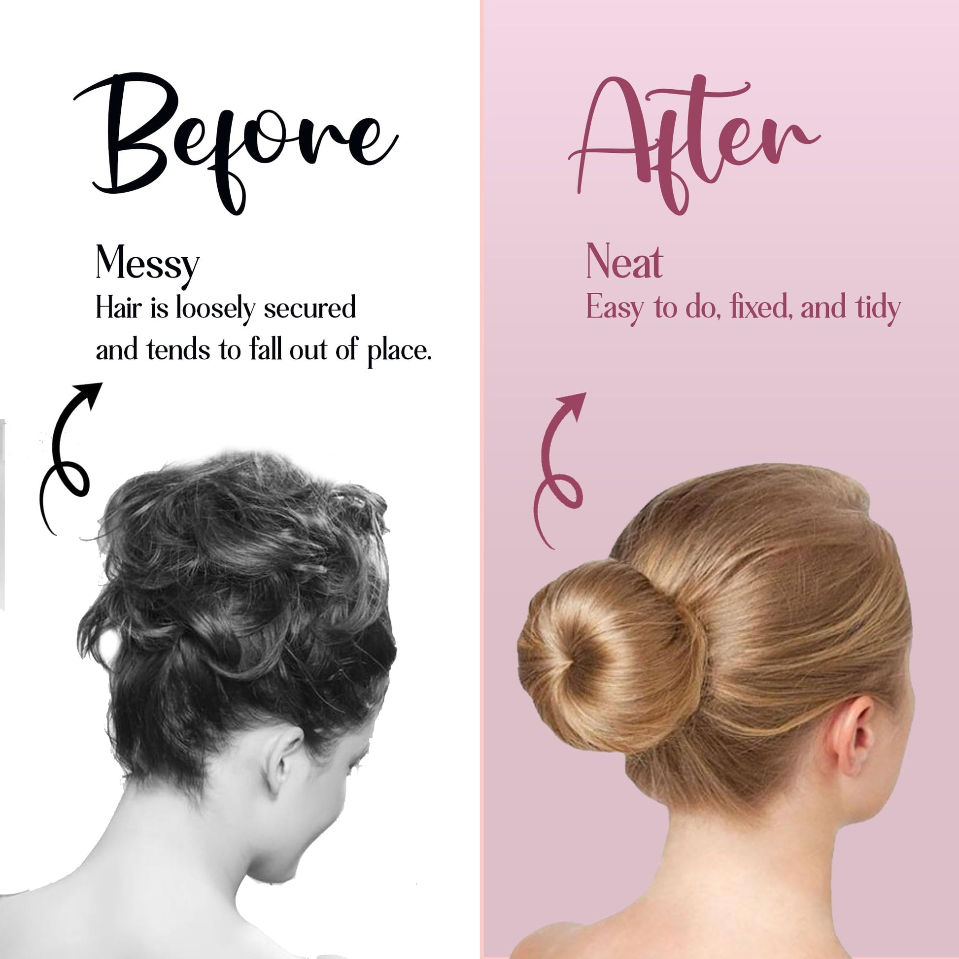 Model with medium length hair wearing a secure high chignon created with the snap bun maker