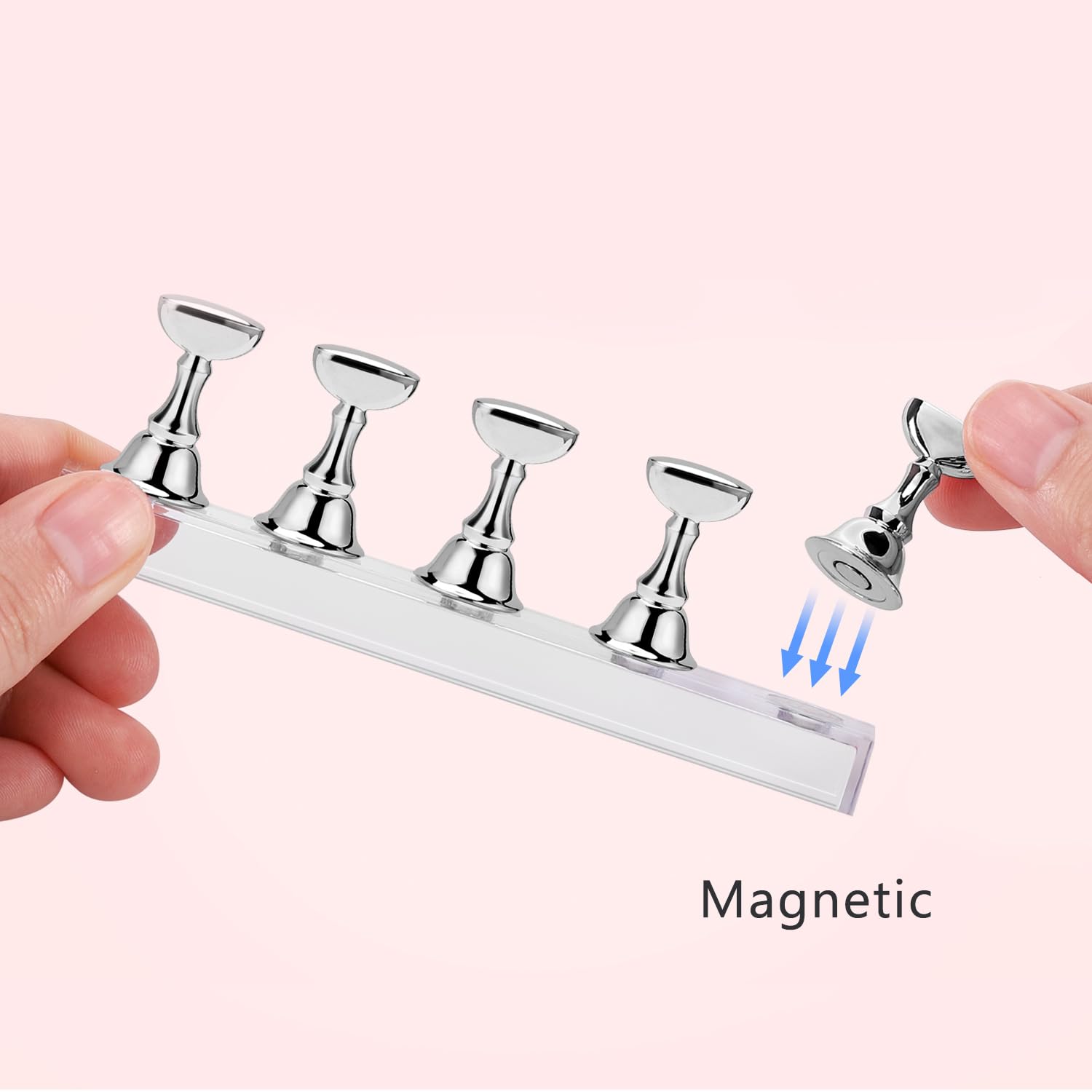 Magnetic nail art practice holder with double sided tape strips for securing false tips