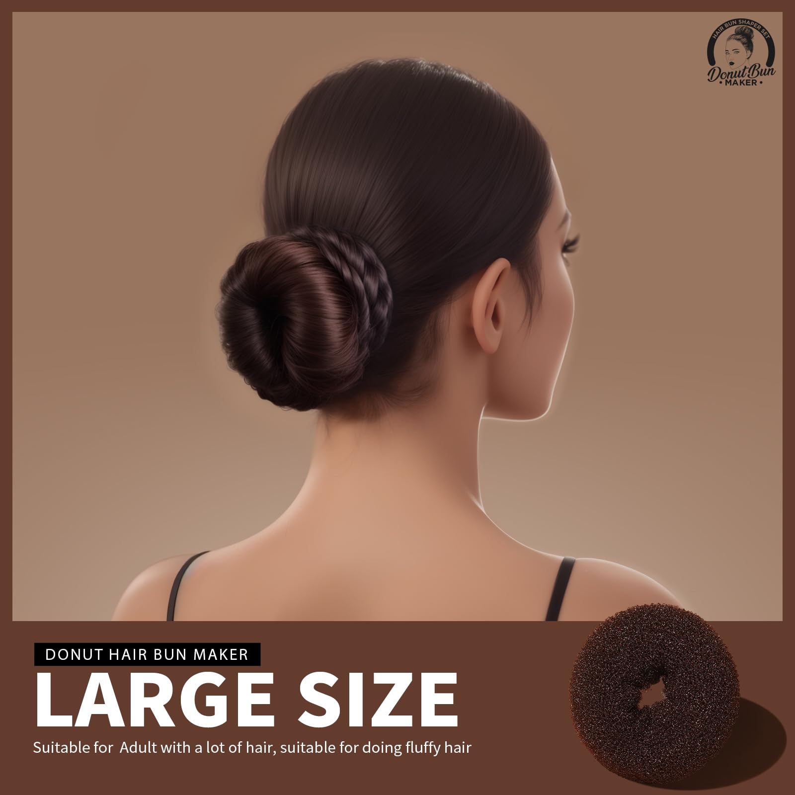 Four pieces of brown ballet hair donut shapers from Teenitor arranged by size from large to small.