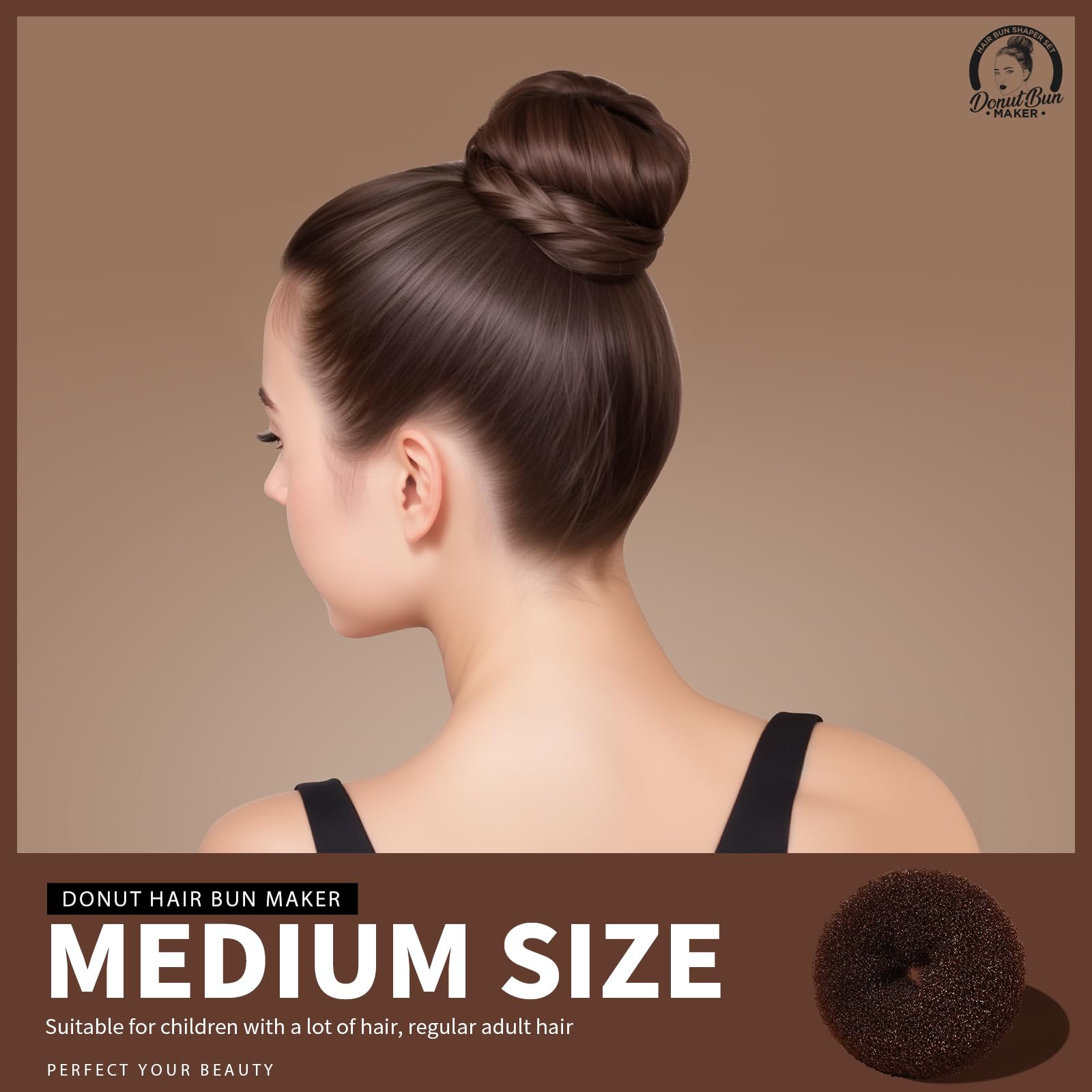 Demonstration of the brown Teenitor donut hair ring used to create a flawless ballet updo.