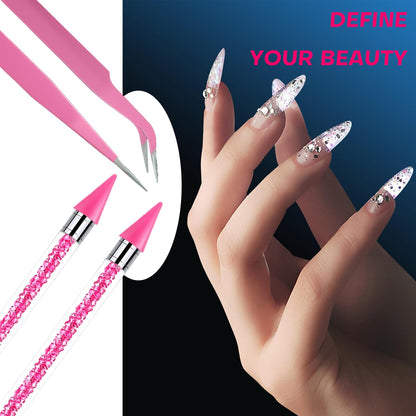 Professional nail art setup with Yaoociy picker tools and rhinestones