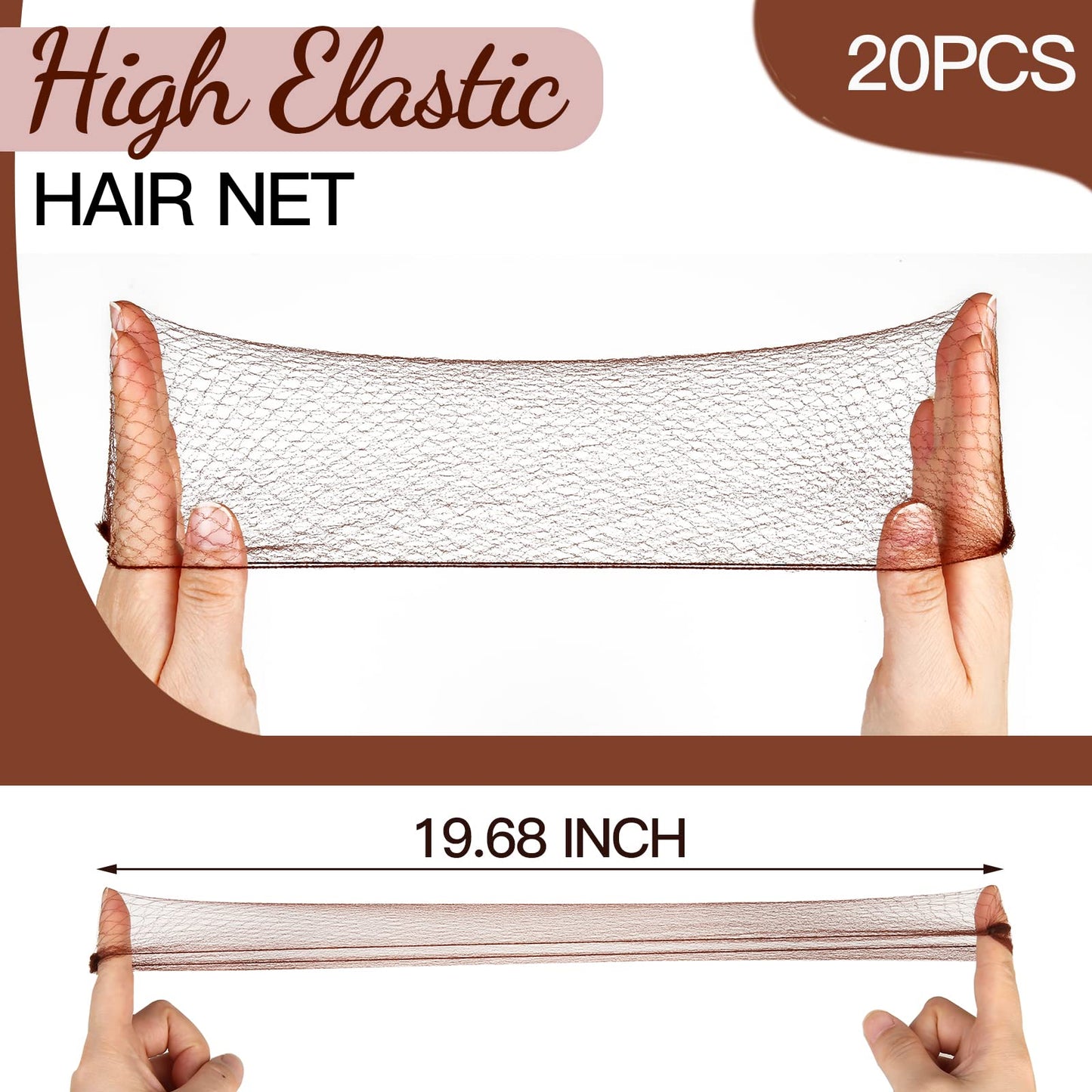 Fandamei invisible hair net stretched out to fifty centimeters showing the elastic edge nylon quality.