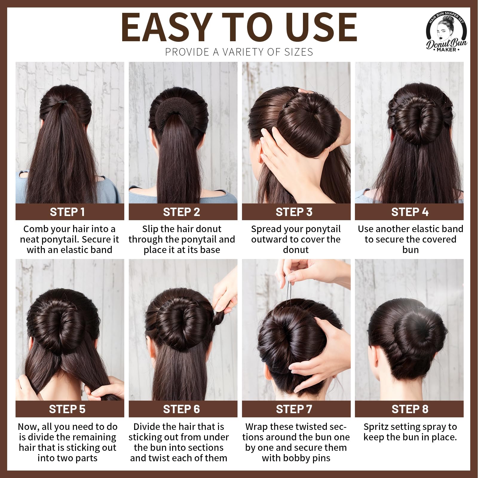 Authentic USA imported Teenitor four piece brown hair bun maker packaging overview.