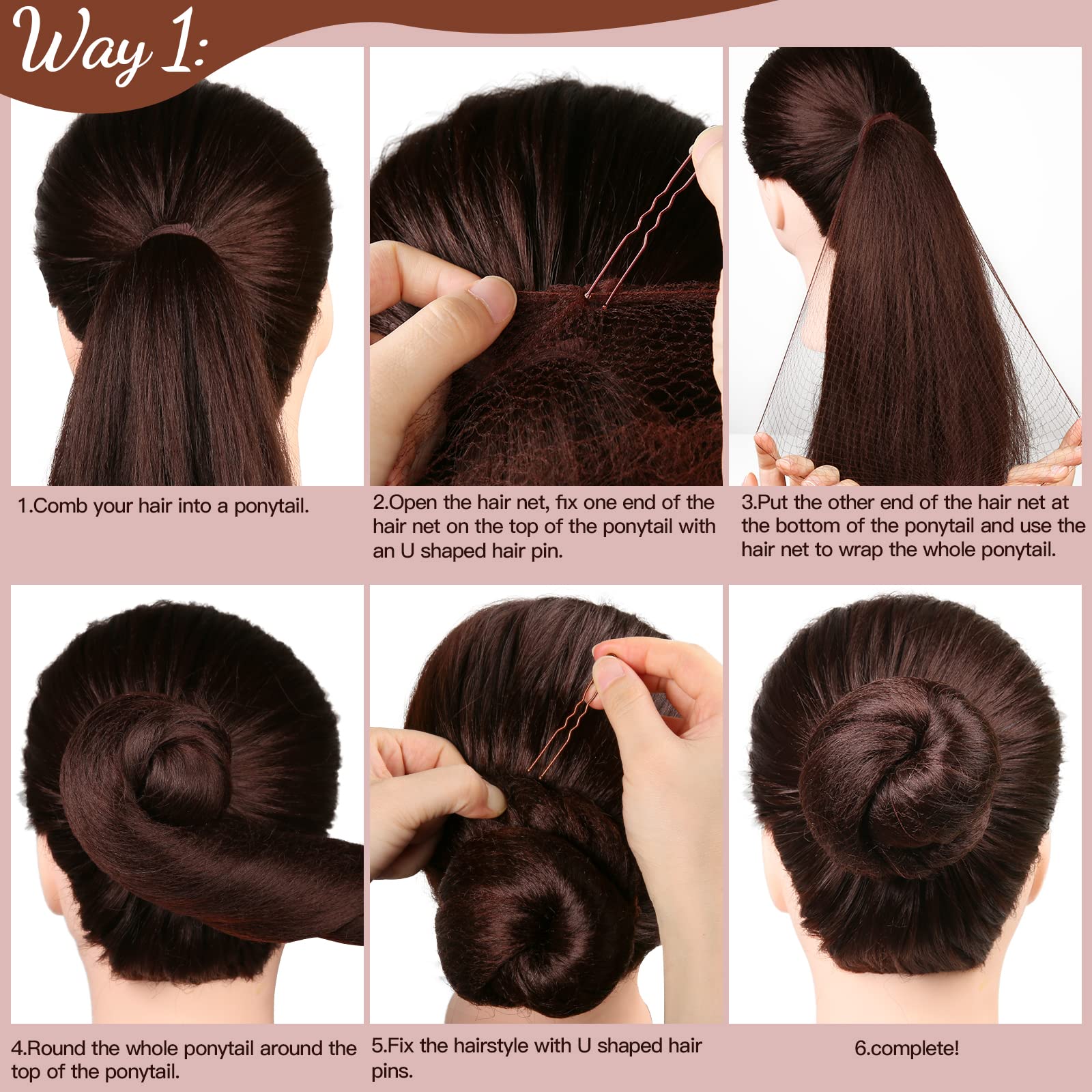 Fandamei hair accessories kit layout showcasing twenty pieces of brown mesh nets and forty pieces of pins.