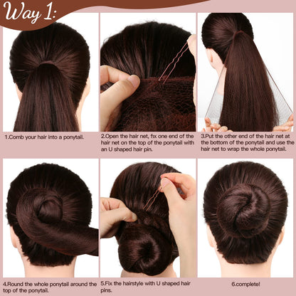 Fandamei hair accessories kit layout showcasing twenty pieces of brown mesh nets and forty pieces of pins.