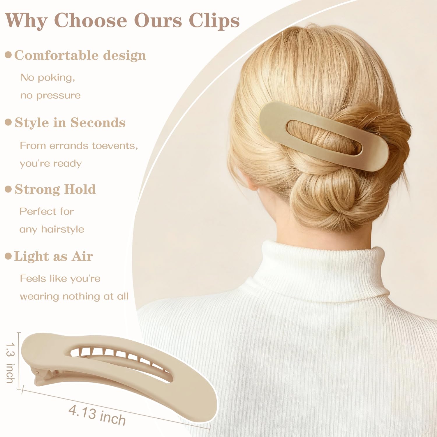 Low profile flat hair accessories styled on a model with thick hair.