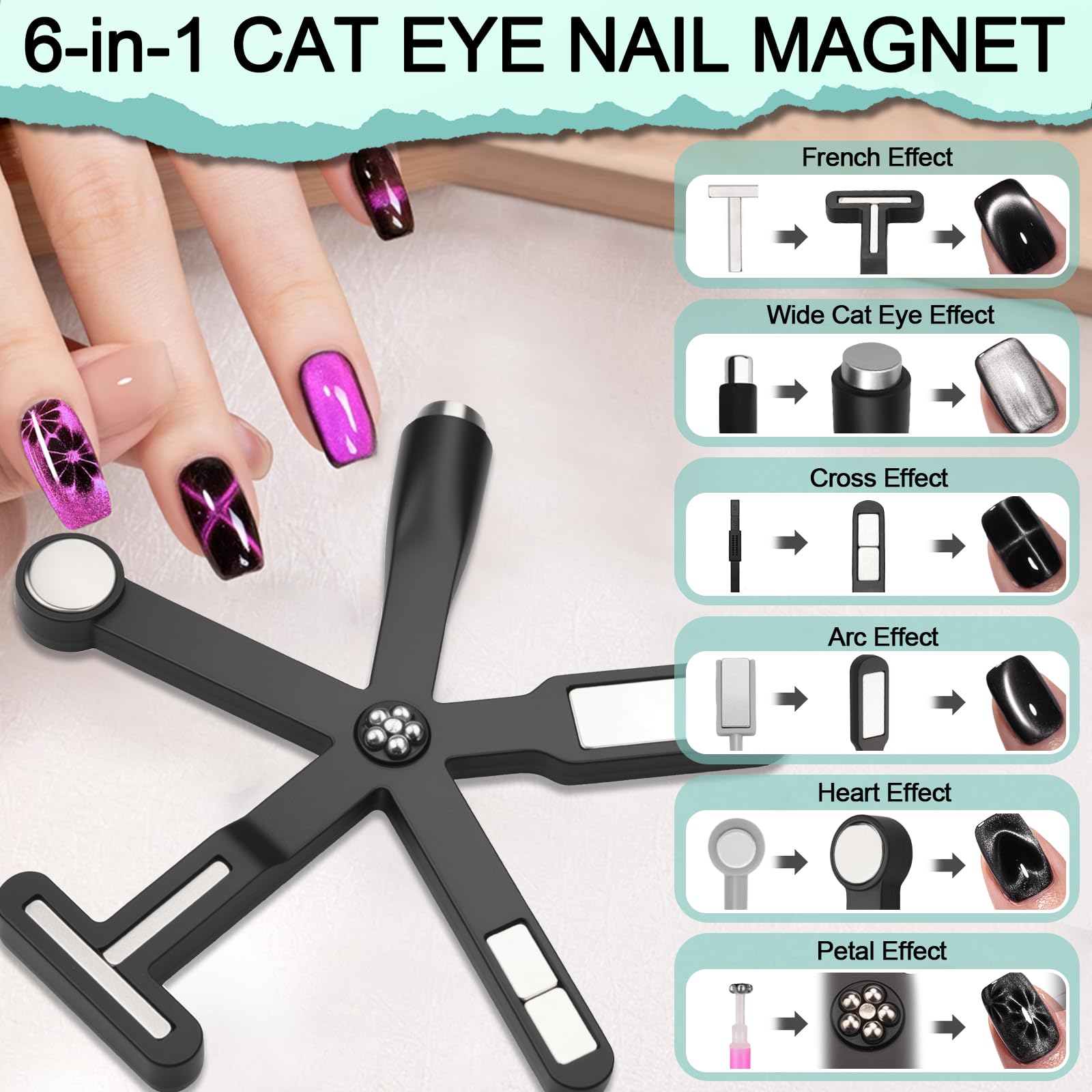 Close up of 6 in 1 multifunctional nail magnet tool