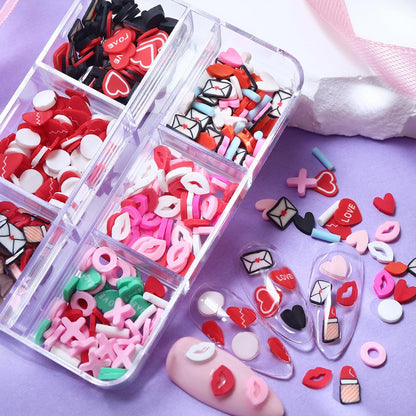 Tyuimhx valentine theme clay slices applied onto long acrylic nails as a design demonstration