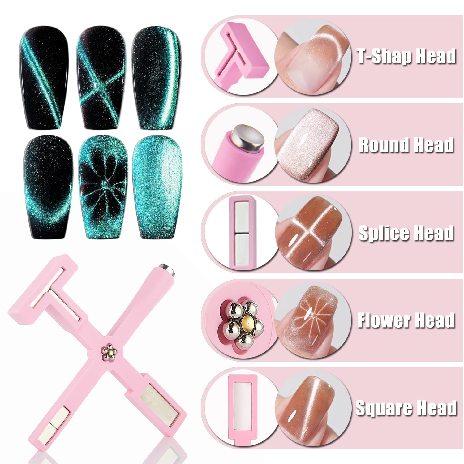 Various magnetic nail art tool attachments in a set