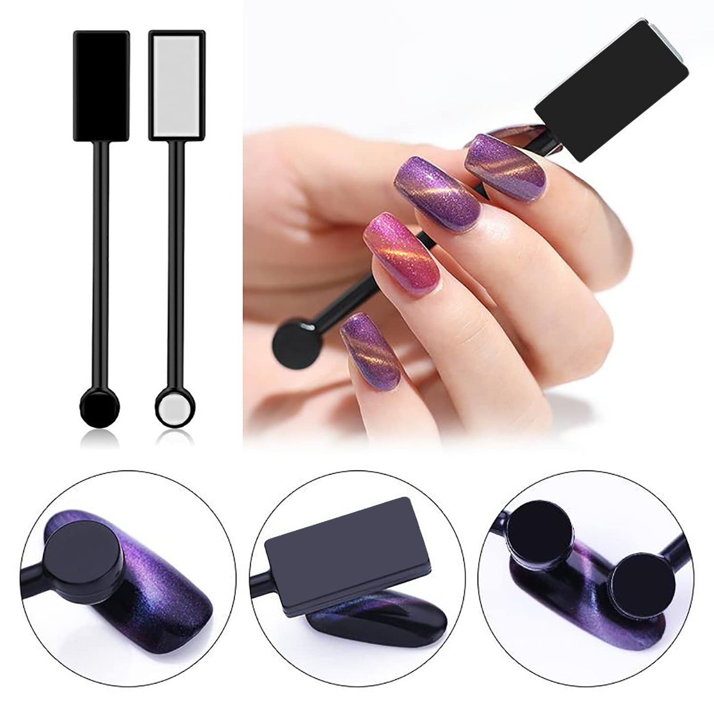 SILPECWEE magnetic nail polish wand held close to a fingernail creating a sharp 3D velvet cat eye pattern.