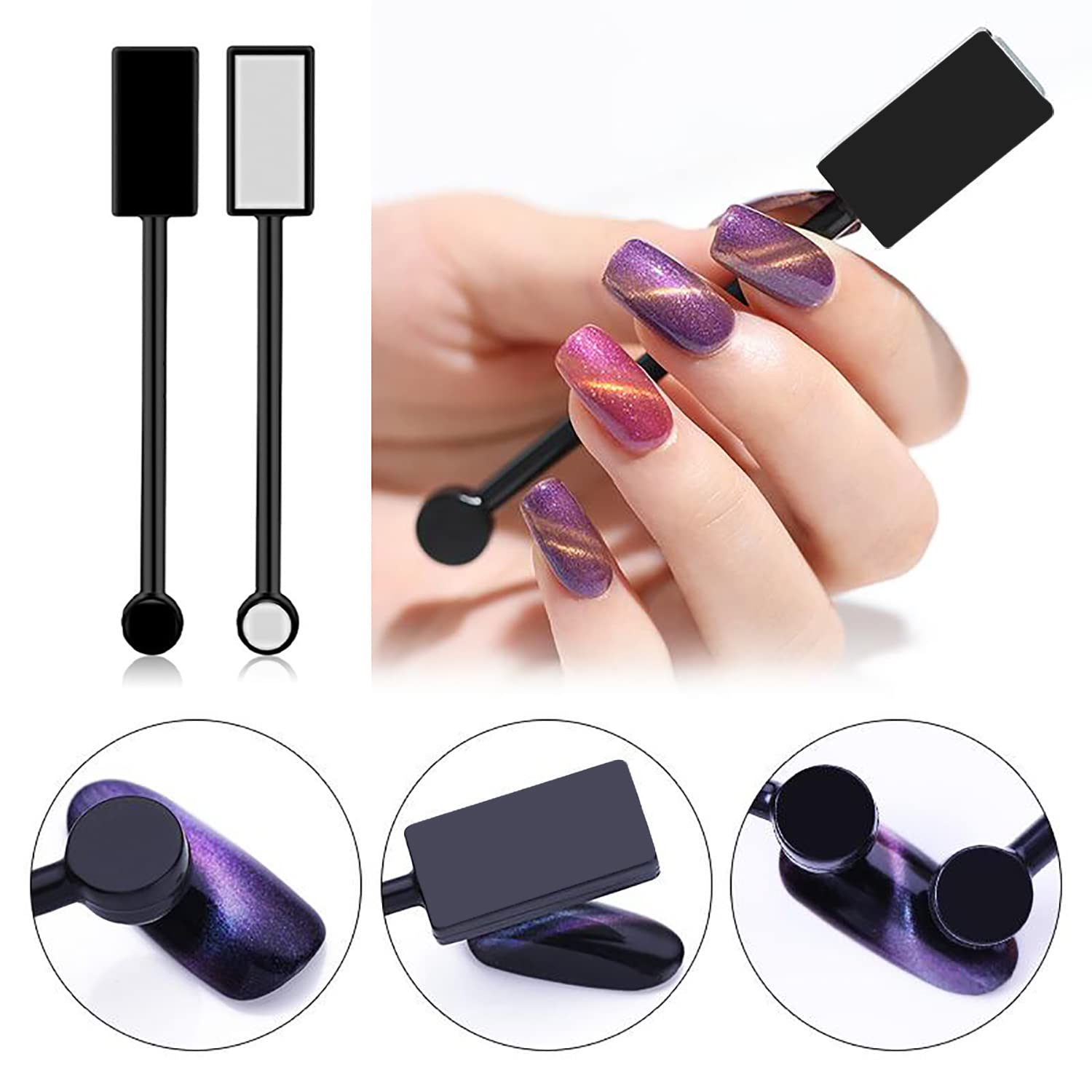 SILPECWEE magnetic nail polish wand held close to a fingernail creating a sharp 3D velvet cat eye pattern.