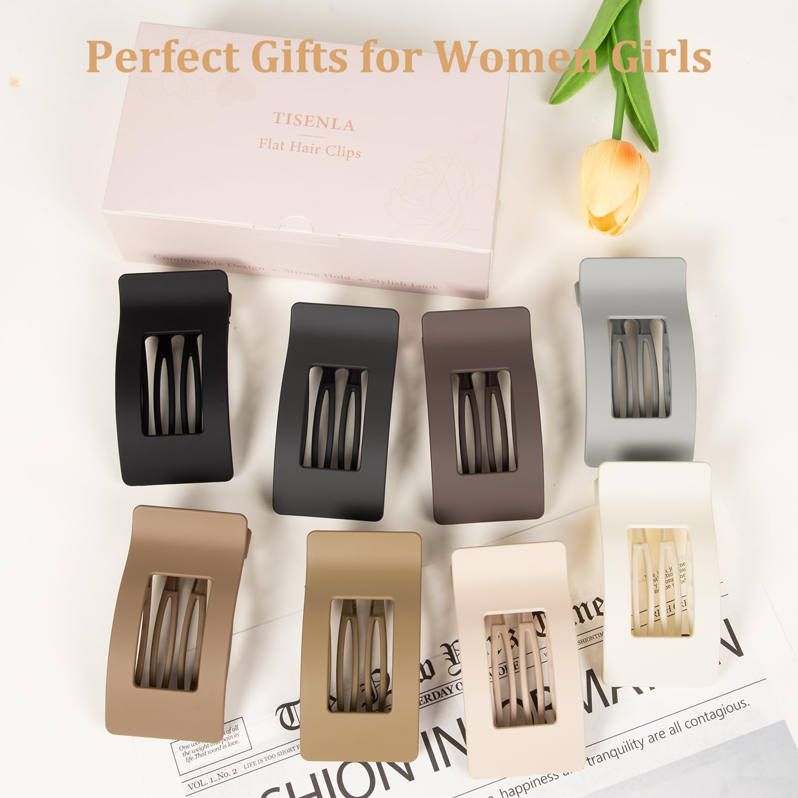 Top down view of 8 pack matte flat hair accessories