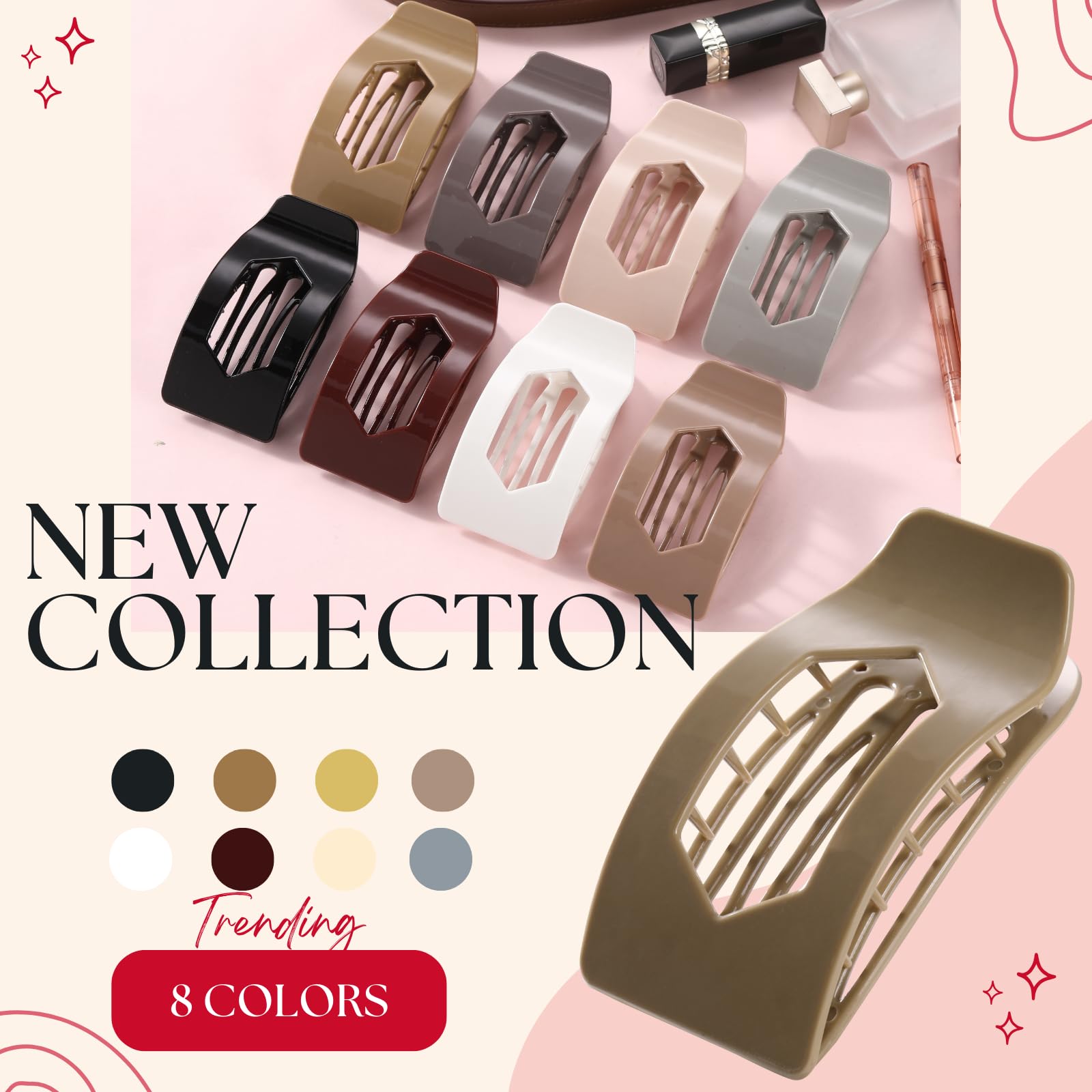 Top view of 8 pack neutral matte hair clips