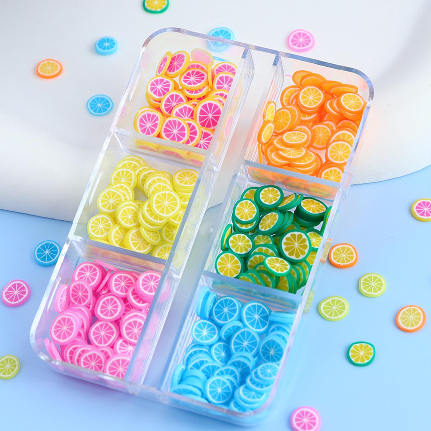 Vopintpy fruit fimo slices inside 6 grid storage case